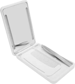 Small Mirror with Lights, LED Compact Makeup Mirror Mini Travel Mirror with Comb Metal Eyebrow Tweezer, Rechargeable Portable Hand Held Mirror for Purse Pocket for Girls Travel