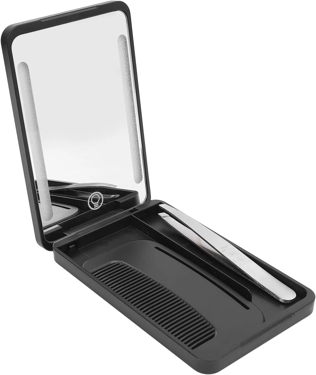 Small Mirror with Lights, LED Compact Makeup Mirror Mini Travel Mirror with Comb Metal Eyebrow Tweezer, Rechargeable Portable Hand Held Mirror for Purse Pocket for Girls Travel