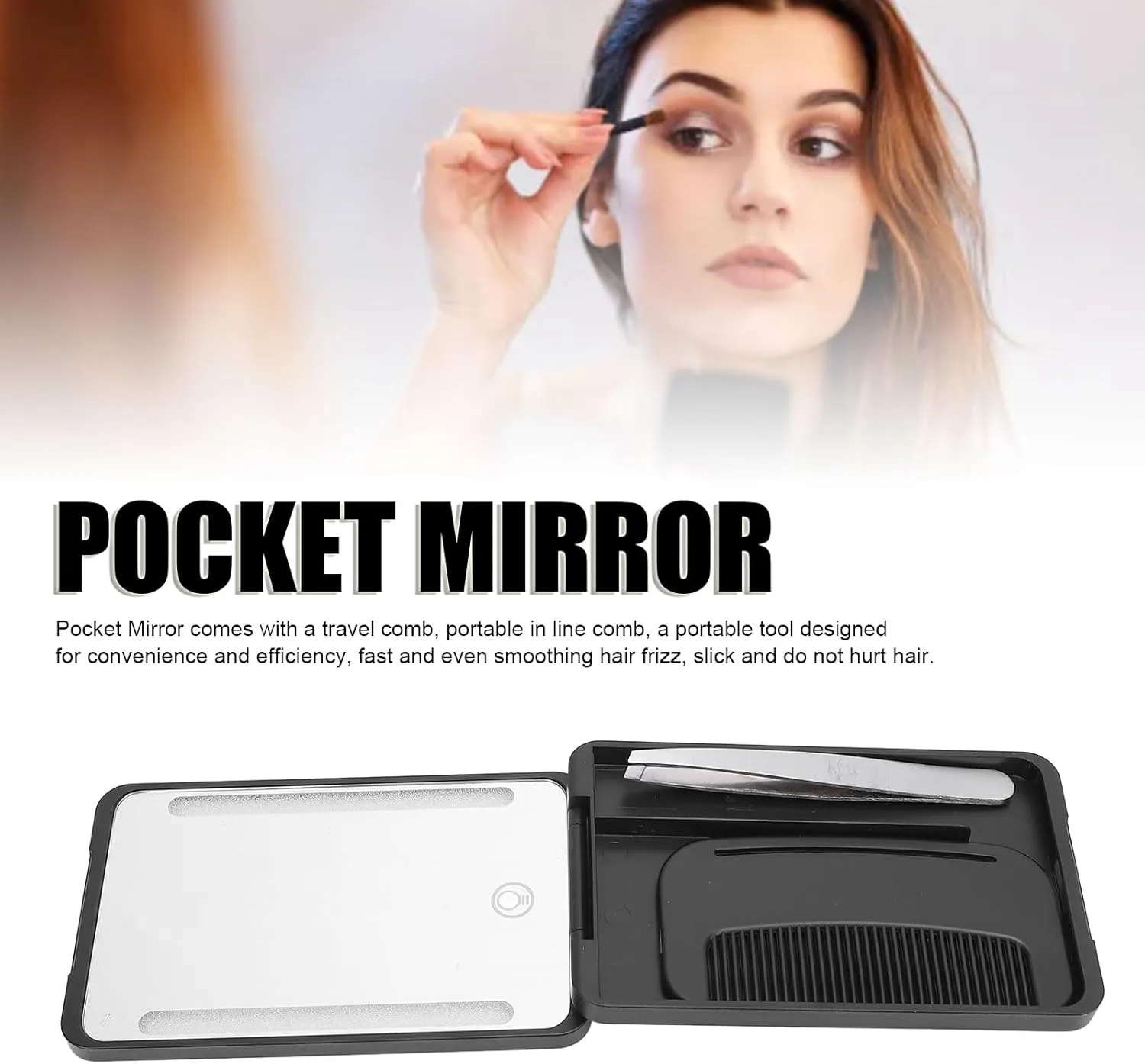 Small Mirror with Lights, LED Compact Makeup Mirror Mini Travel Mirror with Comb Metal Eyebrow Tweezer, Rechargeable Portable Hand Held Mirror for Purse Pocket for Girls Travel