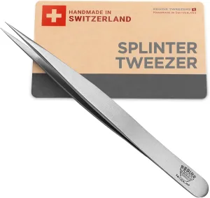 Splinter Tweezers – Professional Tweezer with Precision Point Needle Nose for Splinter, Ingrown Hair & Glass Extraction – Stainless Steel Sharp Tool for Men & Women – Silver