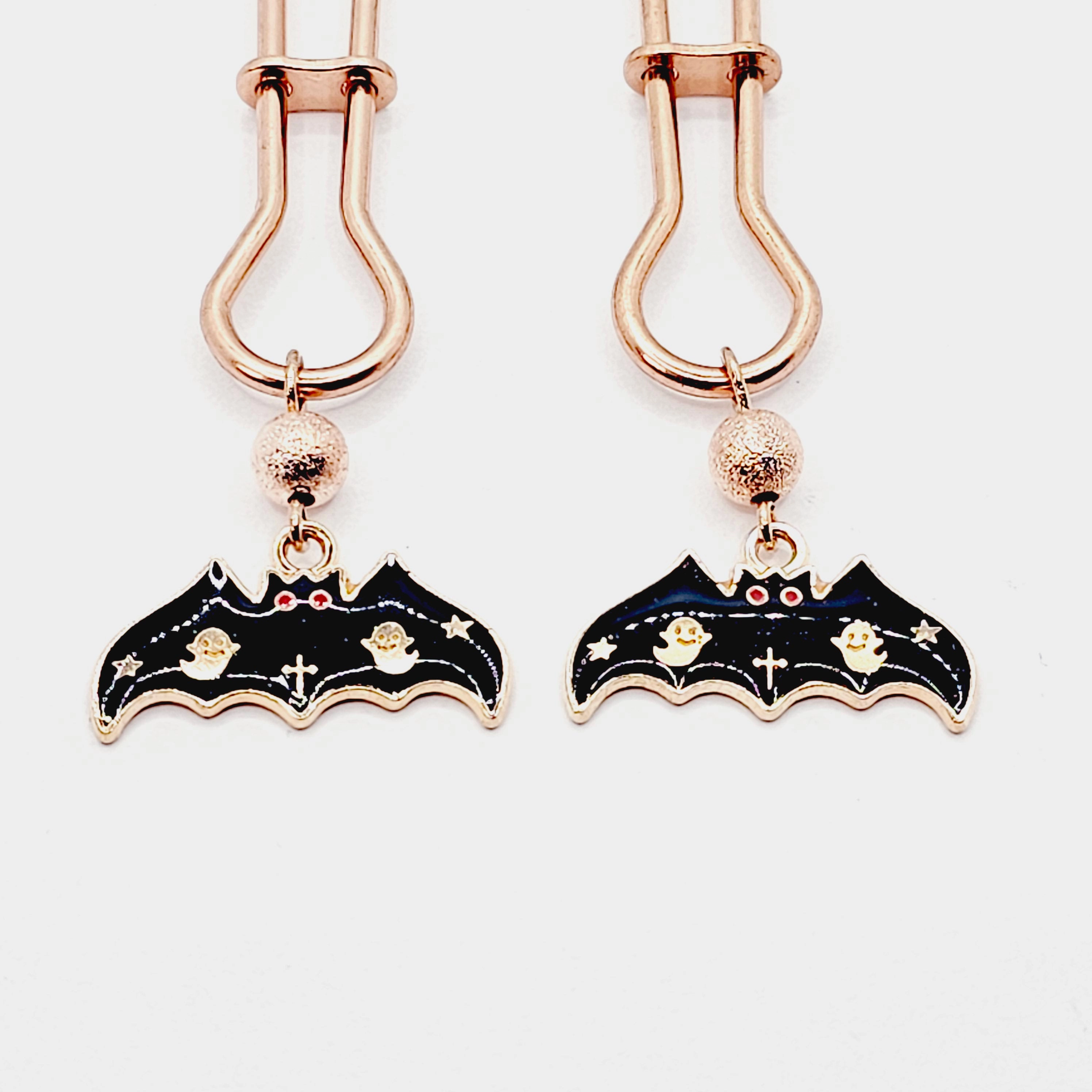 Spooky Nipple Clamps for Halloween. Rose Gold Straight Tweezer Clamps with Bats.