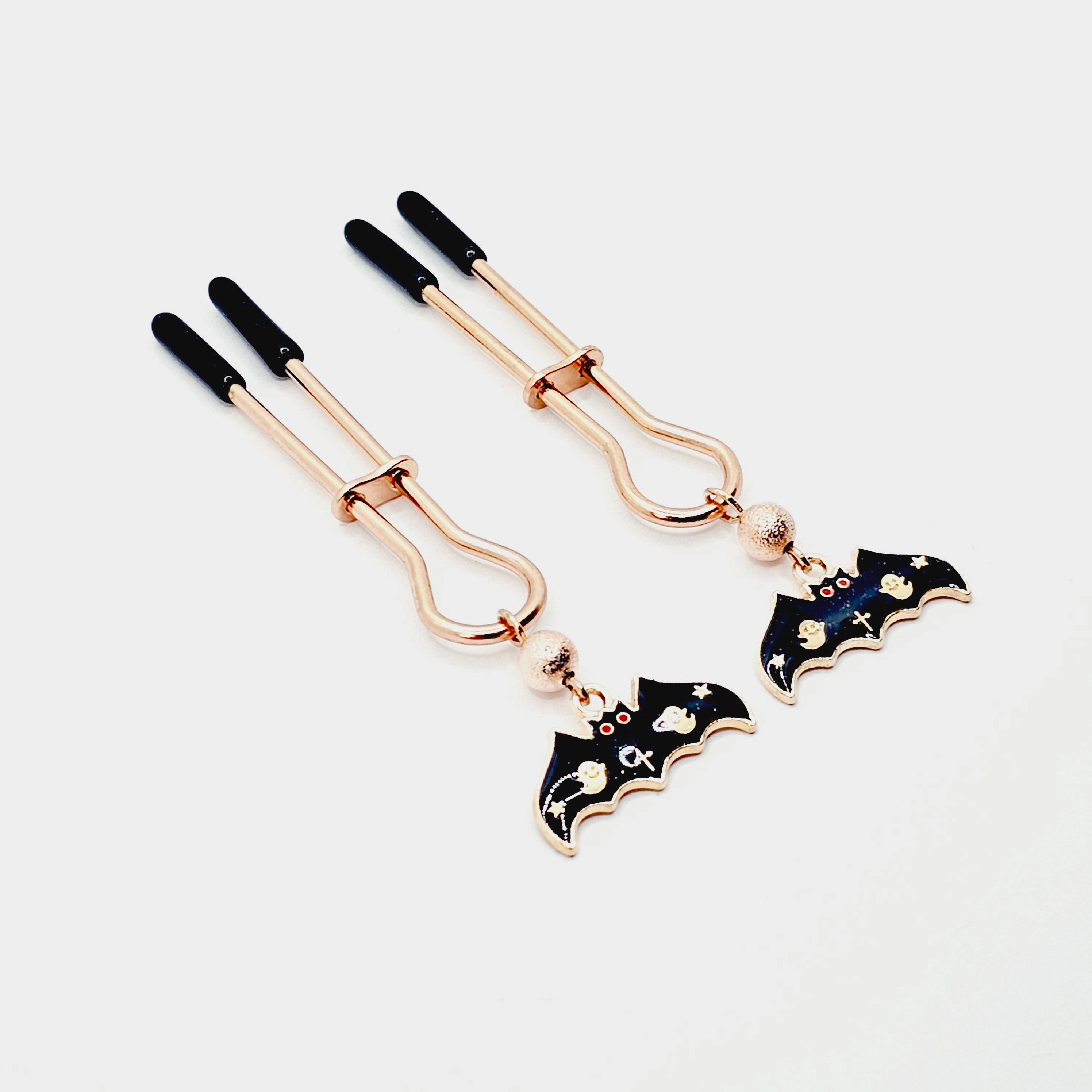 Spooky Nipple Clamps for Halloween. Rose Gold Straight Tweezer Clamps with Bats.