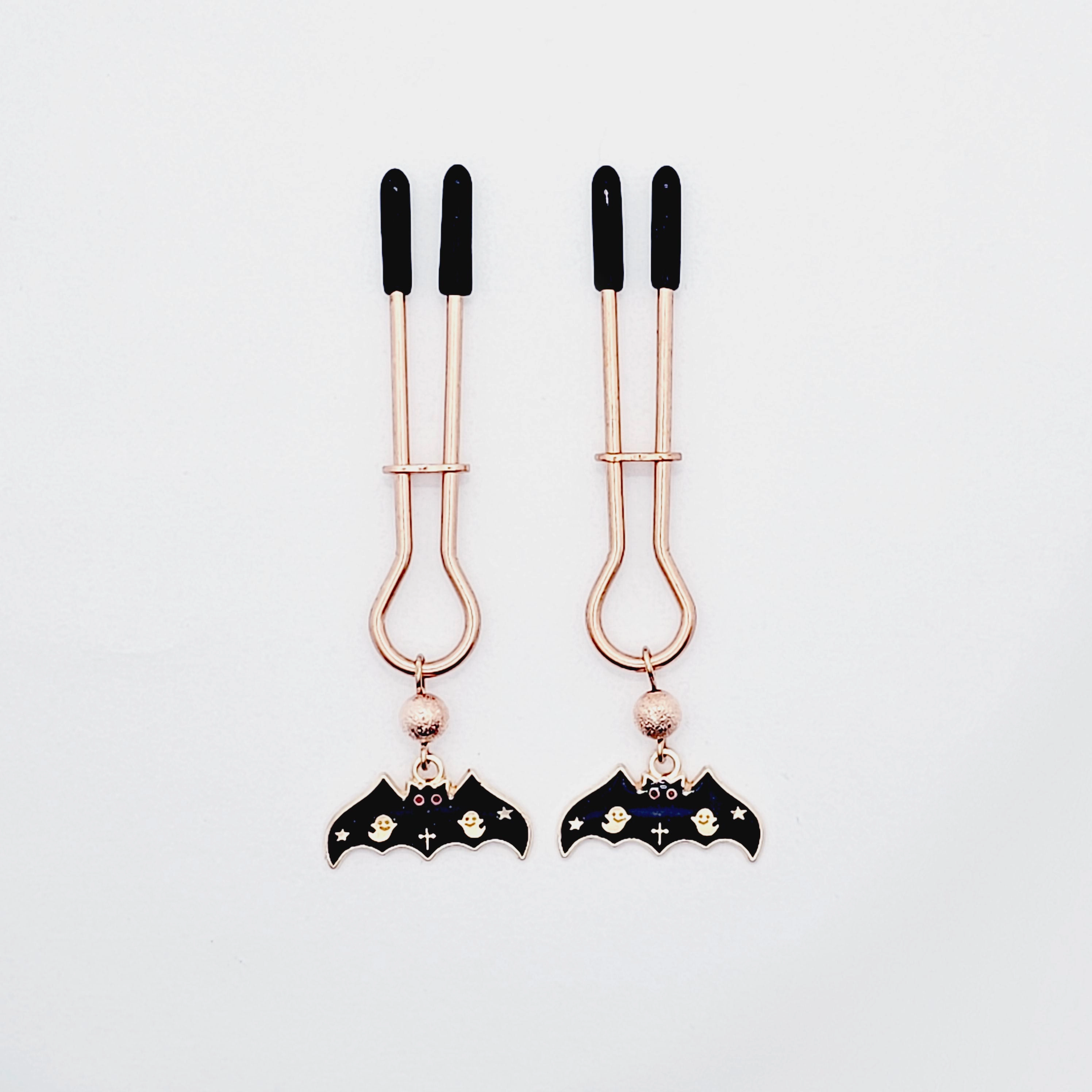 Spooky Nipple Clamps for Halloween. Rose Gold Straight Tweezer Clamps with Bats.