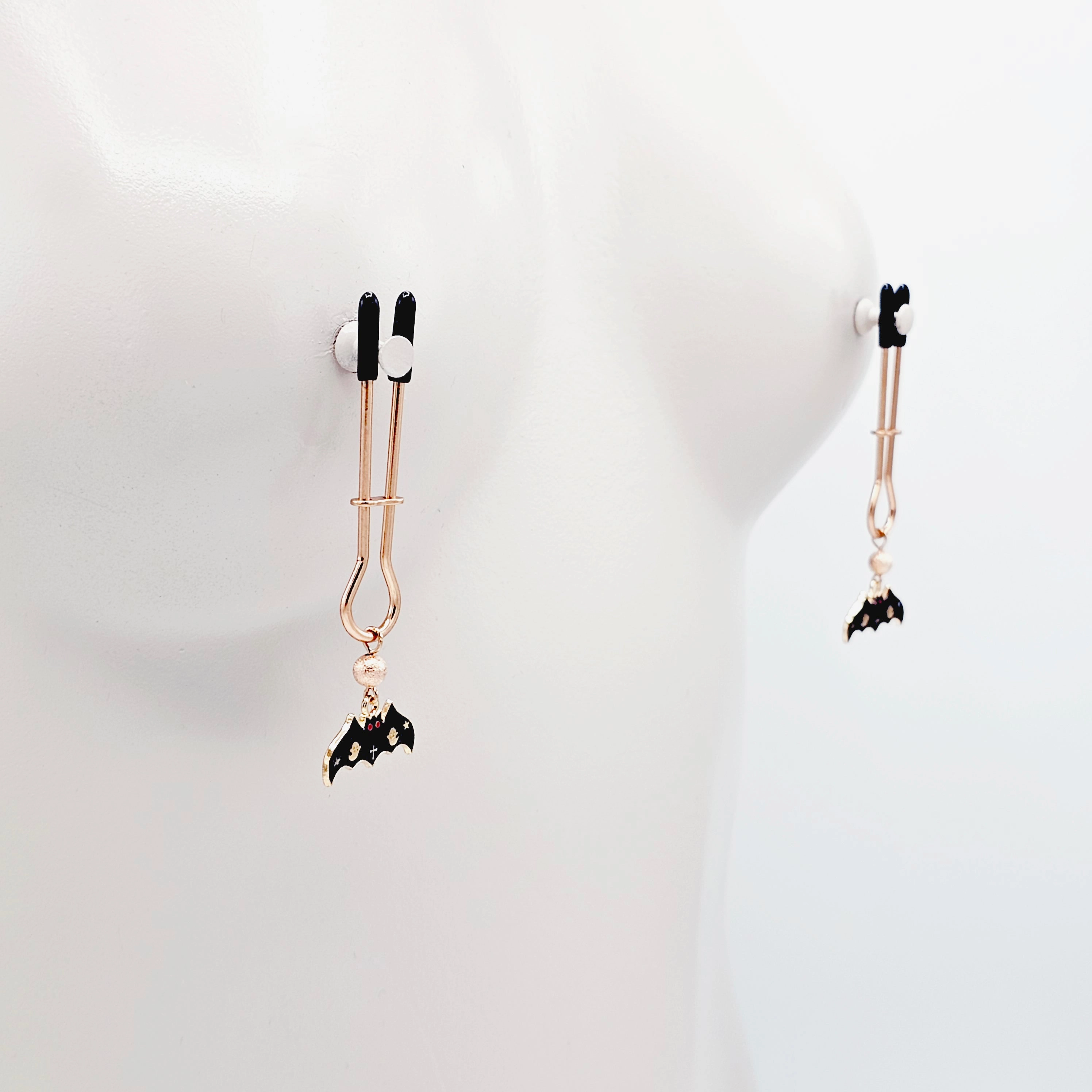 Spooky Nipple Clamps for Halloween. Rose Gold Straight Tweezer Clamps with Bats.