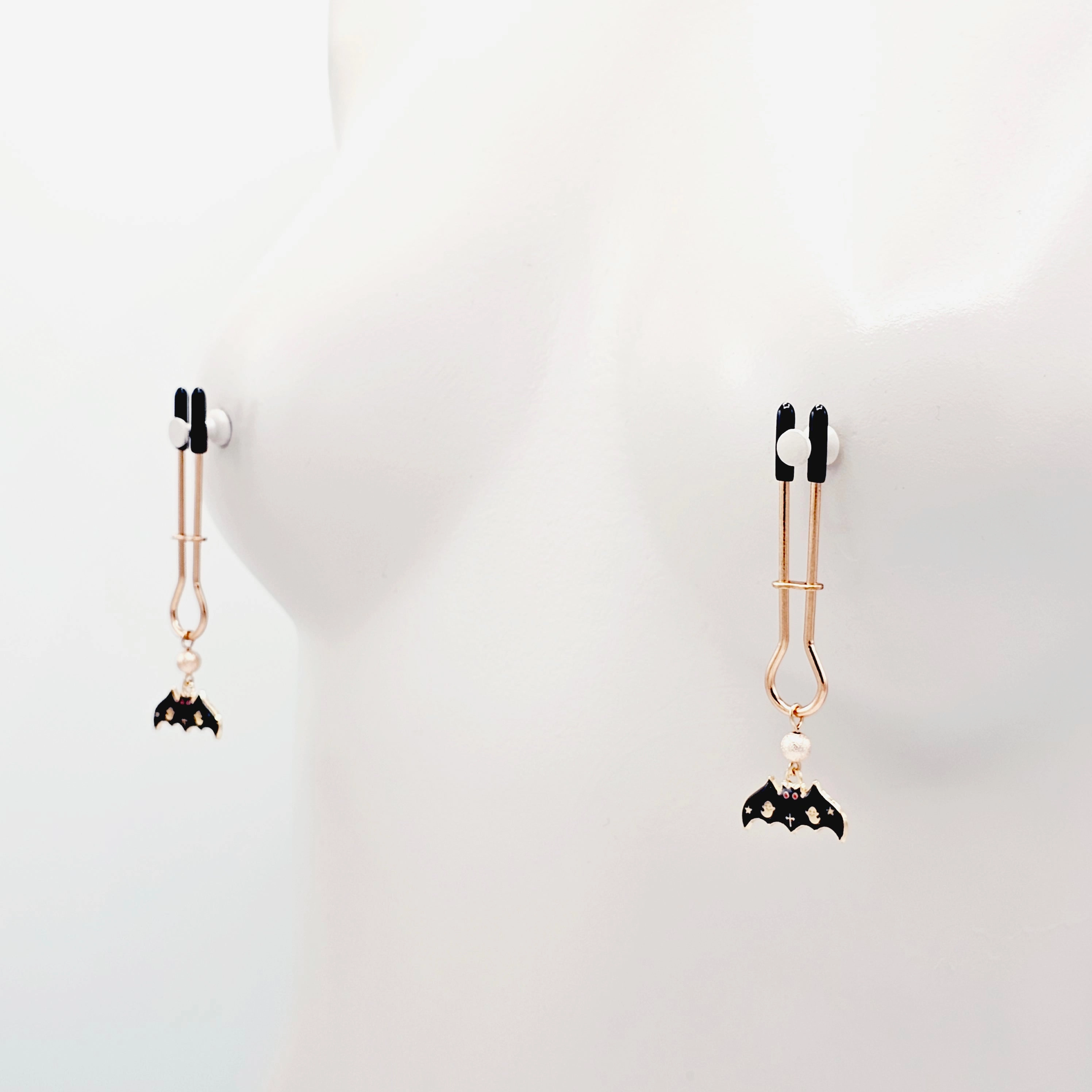 Spooky Nipple Clamps for Halloween. Rose Gold Straight Tweezer Clamps with Bats.