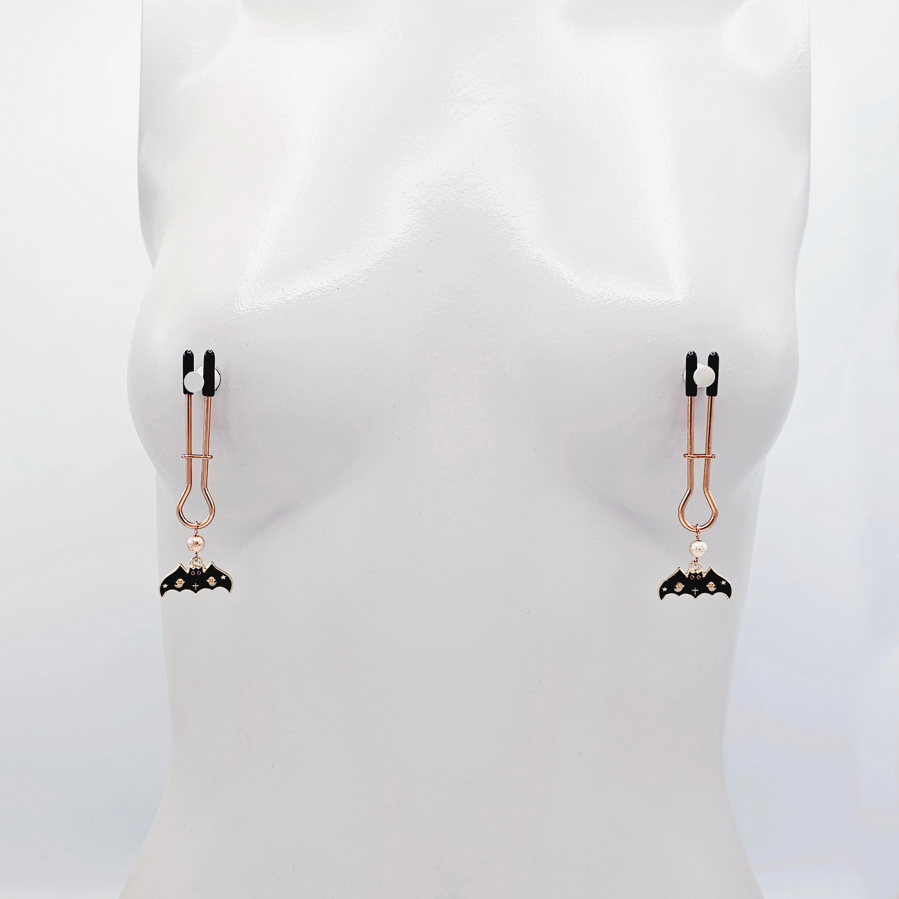 Spooky Nipple Clamps for Halloween. Rose Gold Straight Tweezer Clamps with Bats.