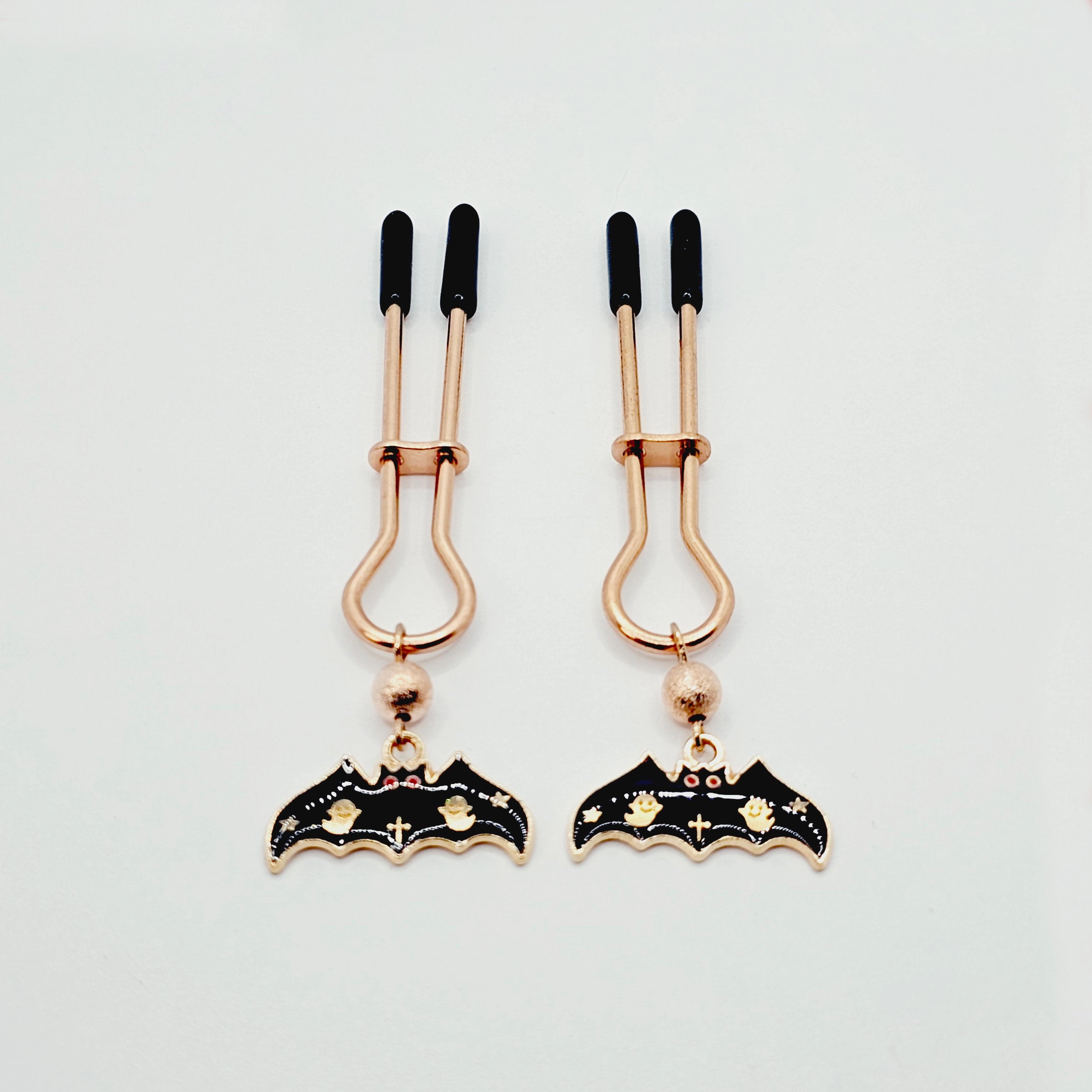 Spooky Nipple Clamps for Halloween. Rose Gold Straight Tweezer Clamps with Bats.