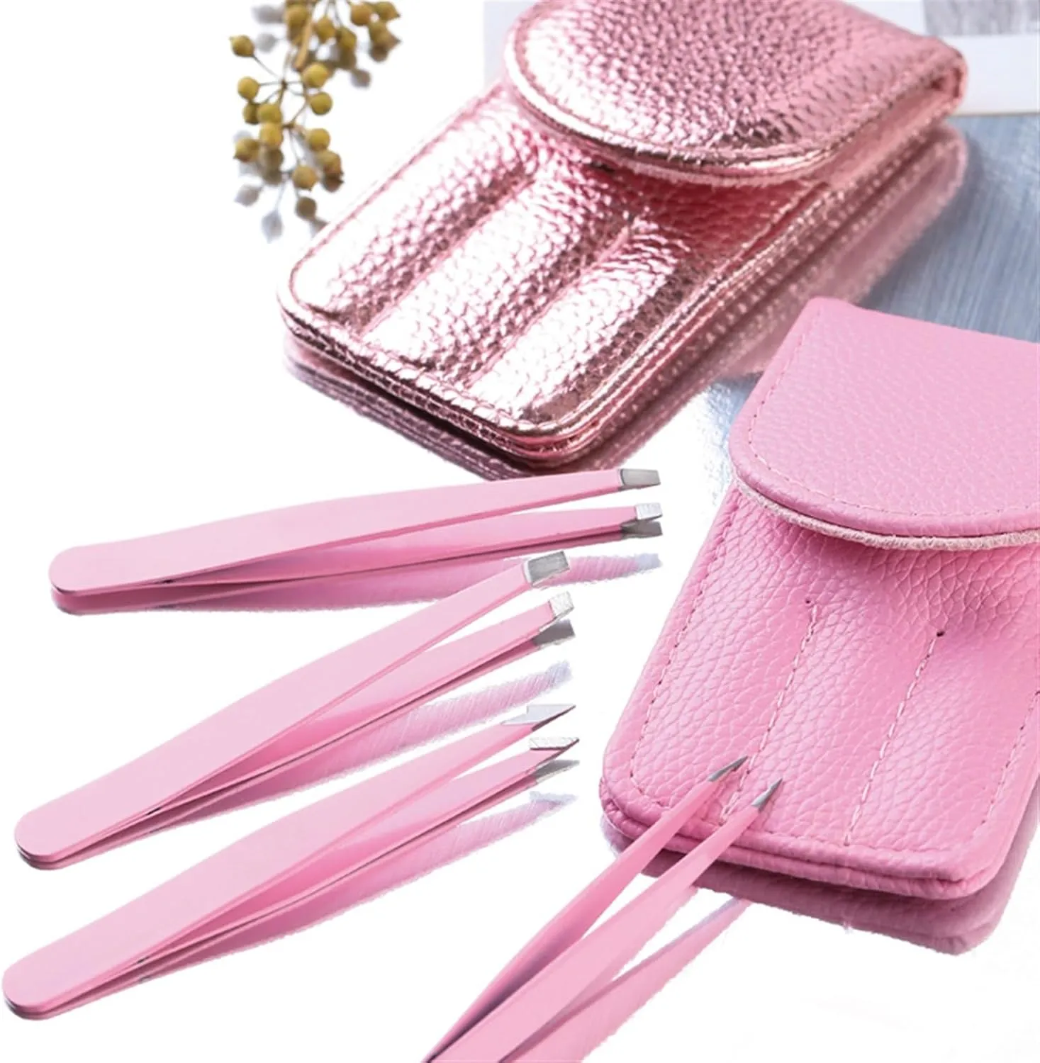 Stainless Steel Eyebrow Tweezers Point Tip/Slant Tip/Flat Tip Makeup Tool Kits with Bag (Color : Pink, Size : 1SIZE) (Rose Gold 1SIZE)