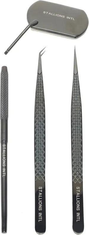 STALLIONS Eye Lash Extension Tweezer Stainless Steel Diamond Grip Point Tip Boot Volume Classic Professional Isolation Precision Lash Fan Kit Set of 3 For Women,Makeup,Beauty,Crafting,Girls Black 14cm