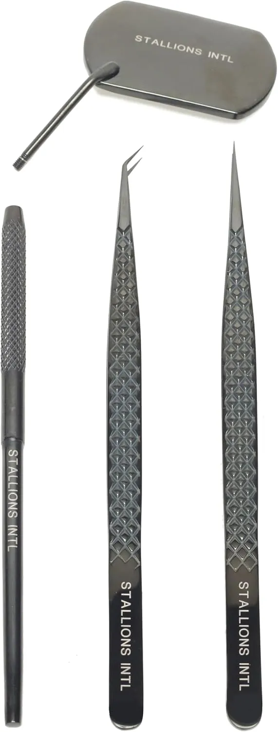 STALLIONS Eye Lash Extension Tweezer Stainless Steel Diamond Grip Point Tip Boot Volume Classic Professional Isolation Precision Lash Fan Kit Set of 3 For Women,Makeup,Beauty,Crafting,Girls Black 14cm