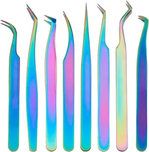 SUPERFINDINGS 8Pcs 8 Styles Eyelash Extension Tweezers Rainbow Color Eyelash Tweezers Clips Kit with Straight and Curved Tip Stainless Steel False Lash Tweezers with Plastic Case