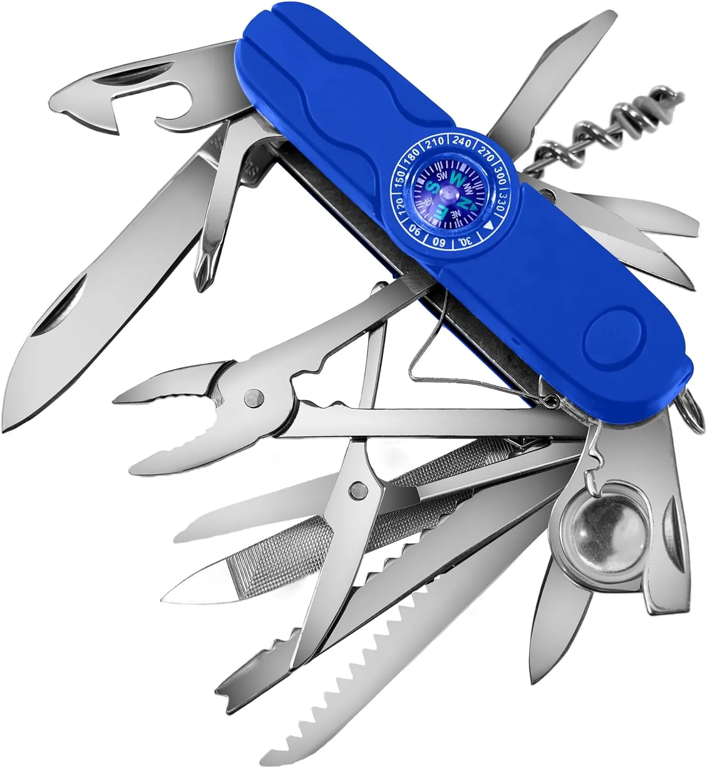 Swiss Eagle 30-in-1 Classic Swiss Pocket Knife with Compass, Premium Multi Tool Pocket Knife with Large Blade, Scissor, Screwdriver, Plier, Magnifying Glass, Tweezer, Father's Day Gifts for Dad - Blue