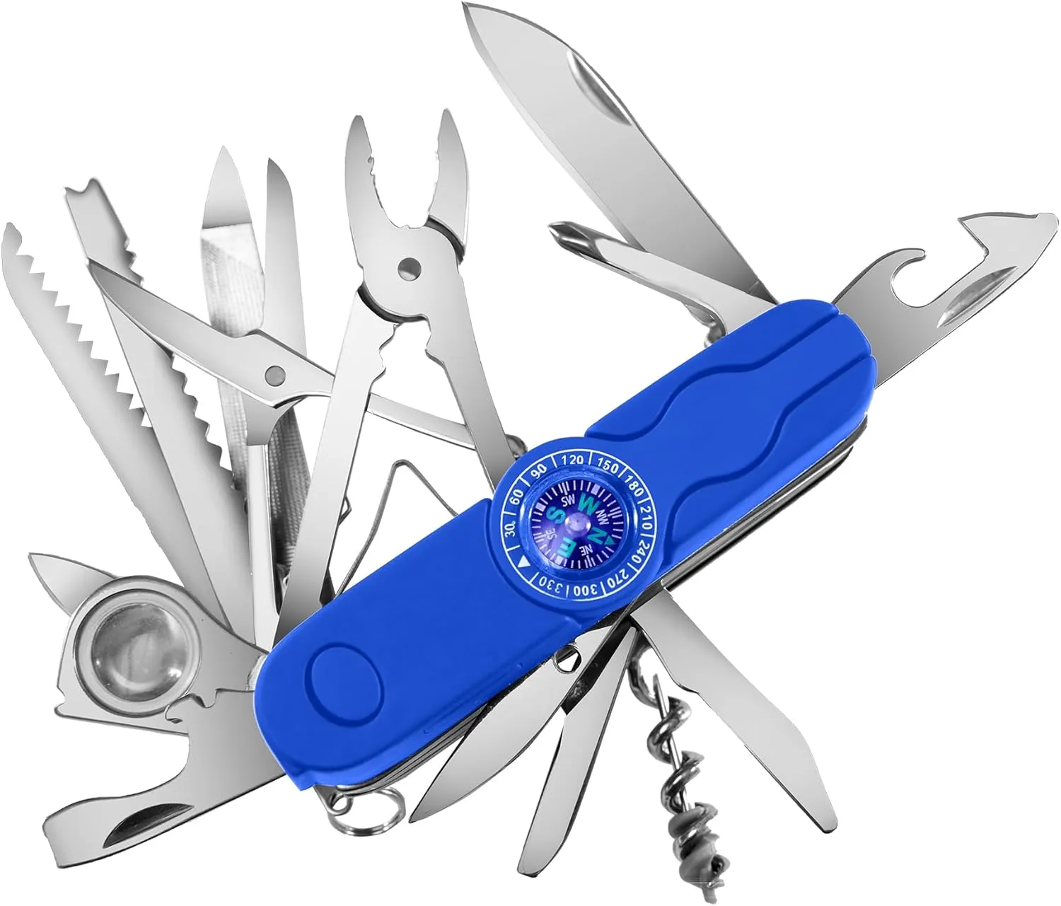 Swiss Eagle 30-in-1 Classic Swiss Pocket Knife with Compass, Premium Multi Tool Pocket Knife with Large Blade, Scissor, Screwdriver, Plier, Magnifying Glass, Tweezer, Father's Day Gifts for Dad - Blue