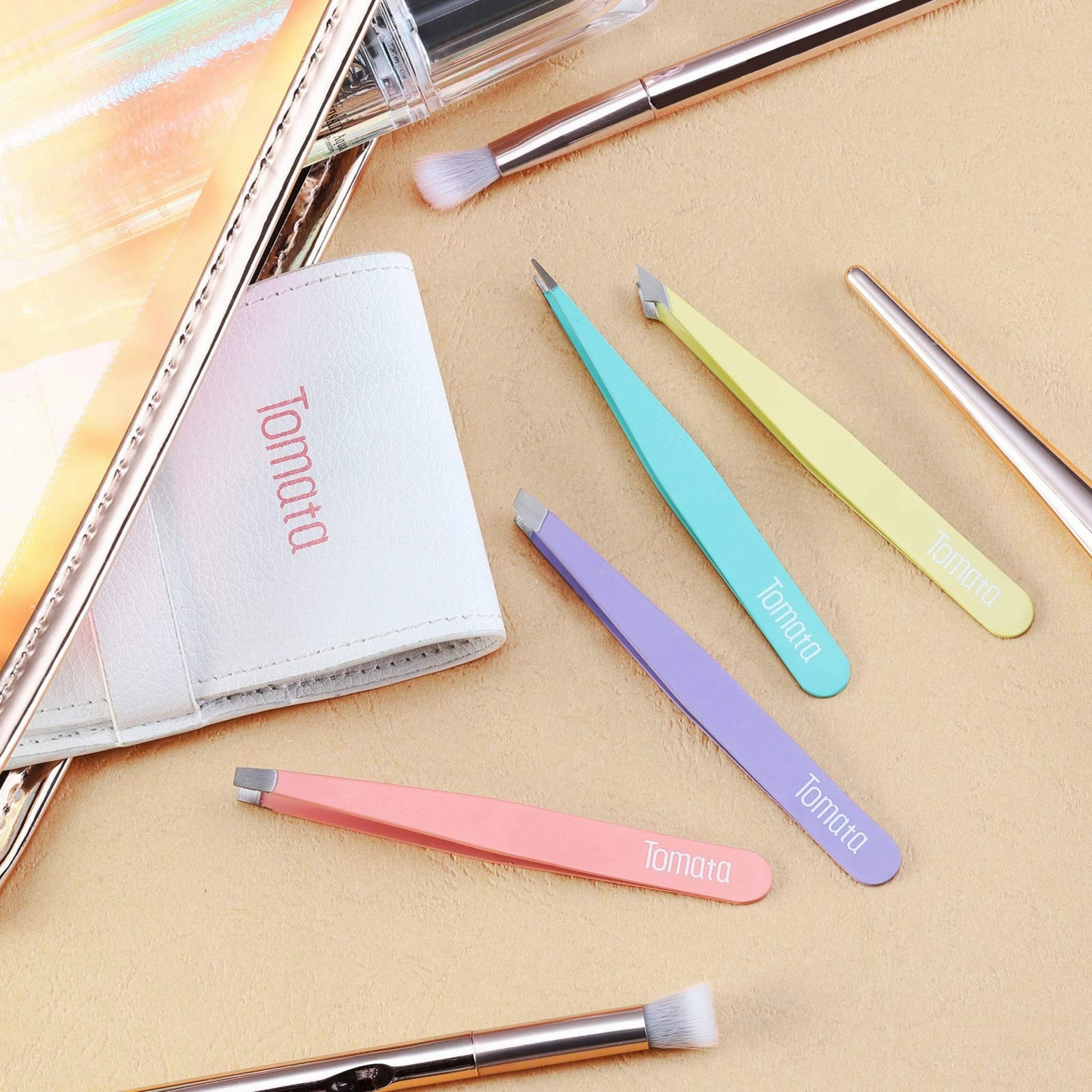 Tomata Tweezers for Eyebrows, Slant Tip and Pointed Eyebrow Tweezer Set Great Precision for Eyebrows Facial Hair, Ingrown Hair, Splinter, Blackhead and Tick Remover (4-piece) (Multi-color)