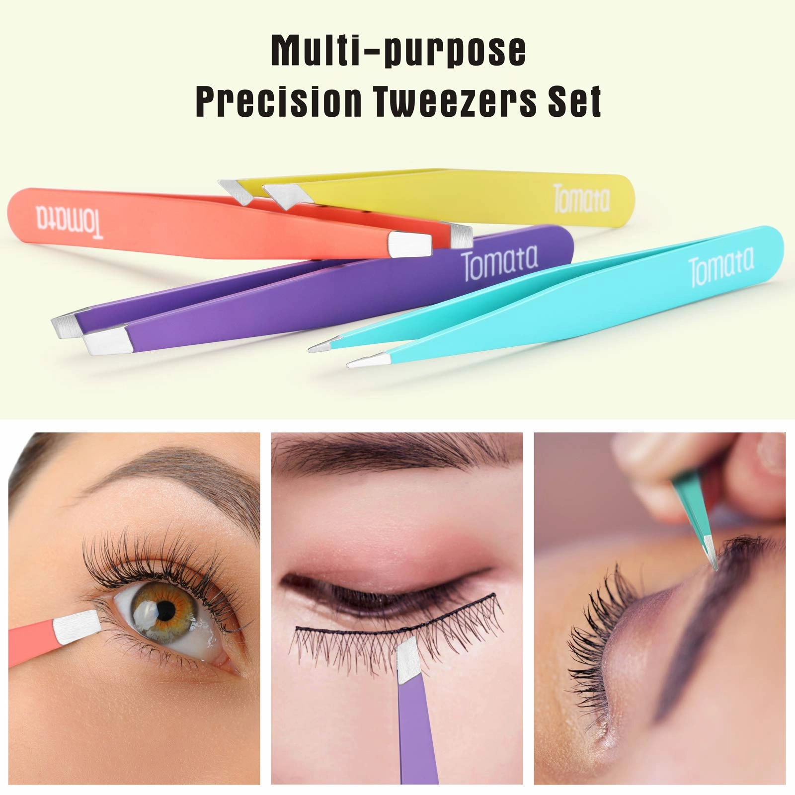 Tomata Tweezers for Eyebrows, Slant Tip and Pointed Eyebrow Tweezer Set Great Precision for Eyebrows Facial Hair, Ingrown Hair, Splinter, Blackhead and Tick Remover (4-piece) (Multi-color)
