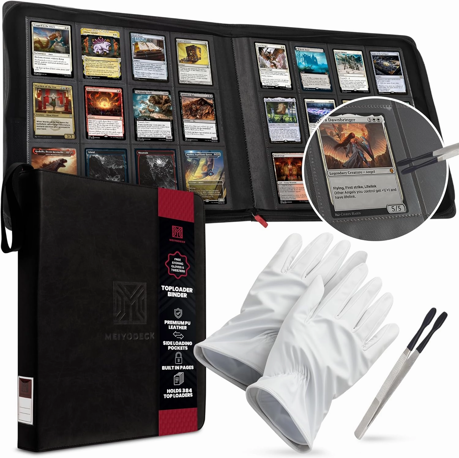 Top Loader Binder | Holds 384 Toploaders | 12-Pocket | Ringless Double-Sided Pockets | Includes Collectors Tweezers & Gloves | Premium Toploader Binder | Ideal for TCG, Sports, and Trading Cards