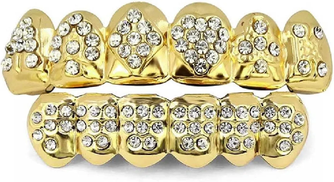 TOPGRILLZ Gold Poker Grills for Your Teeth for Men & Women, 18K Gold Plated Brass, Heart, Unisex, Hip Hop Faux Diamond Grillz Teeth Jewelry, Party, Rapper Costume