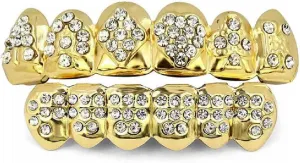 TOPGRILLZ Gold Poker Grills for Your Teeth for Men & Women, 18K Gold Plated Brass, Heart, Unisex, Hip Hop Faux Diamond Grillz Teeth Jewelry, Party, Rapper Costume