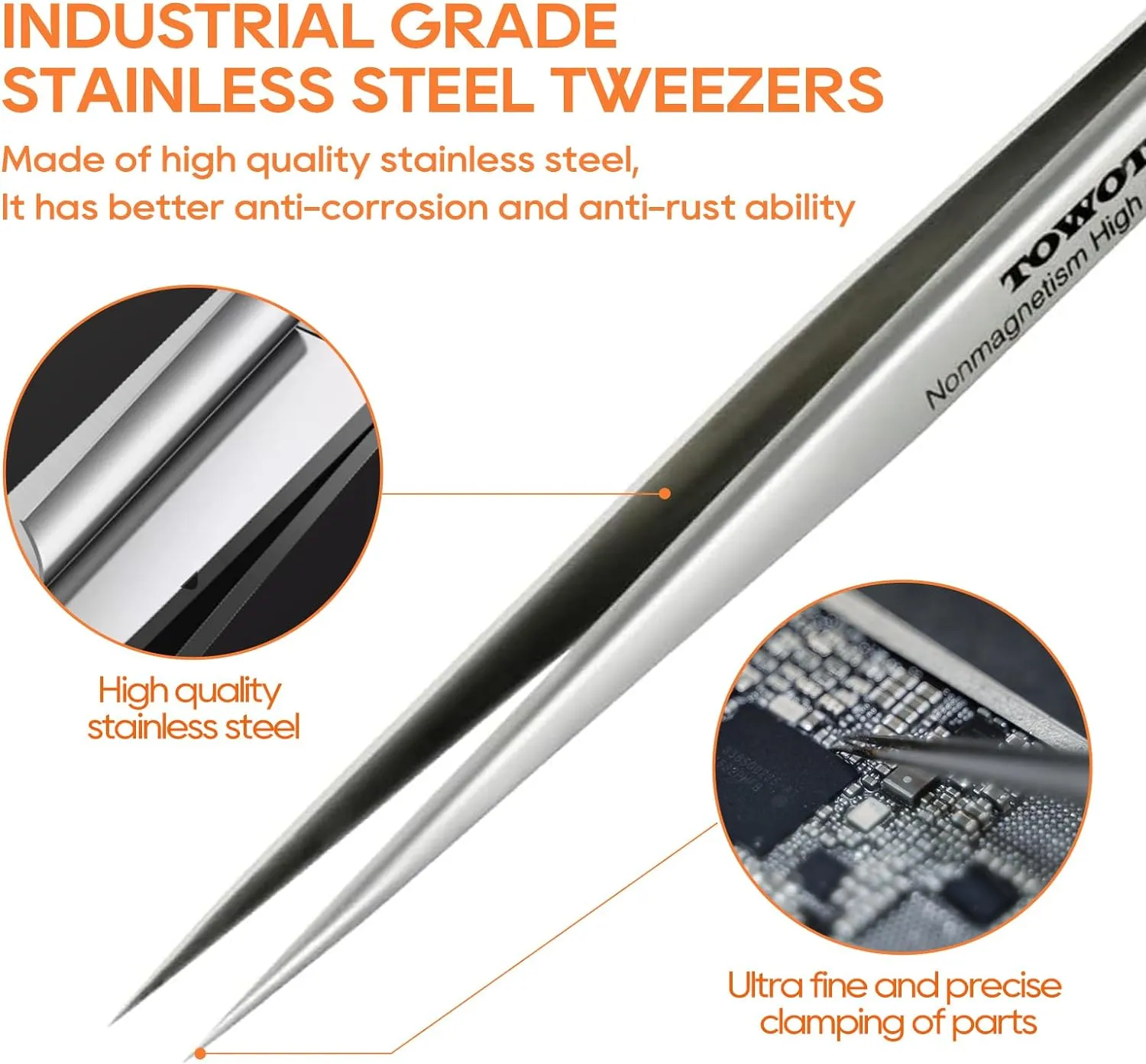 TOWOT Precision Tweezers, 5 PCS Stainless Steel, Non-Magnetic, Heat Resistant, Curved, Jewelry, Electronics, Craft, Soldering, Experimental Work