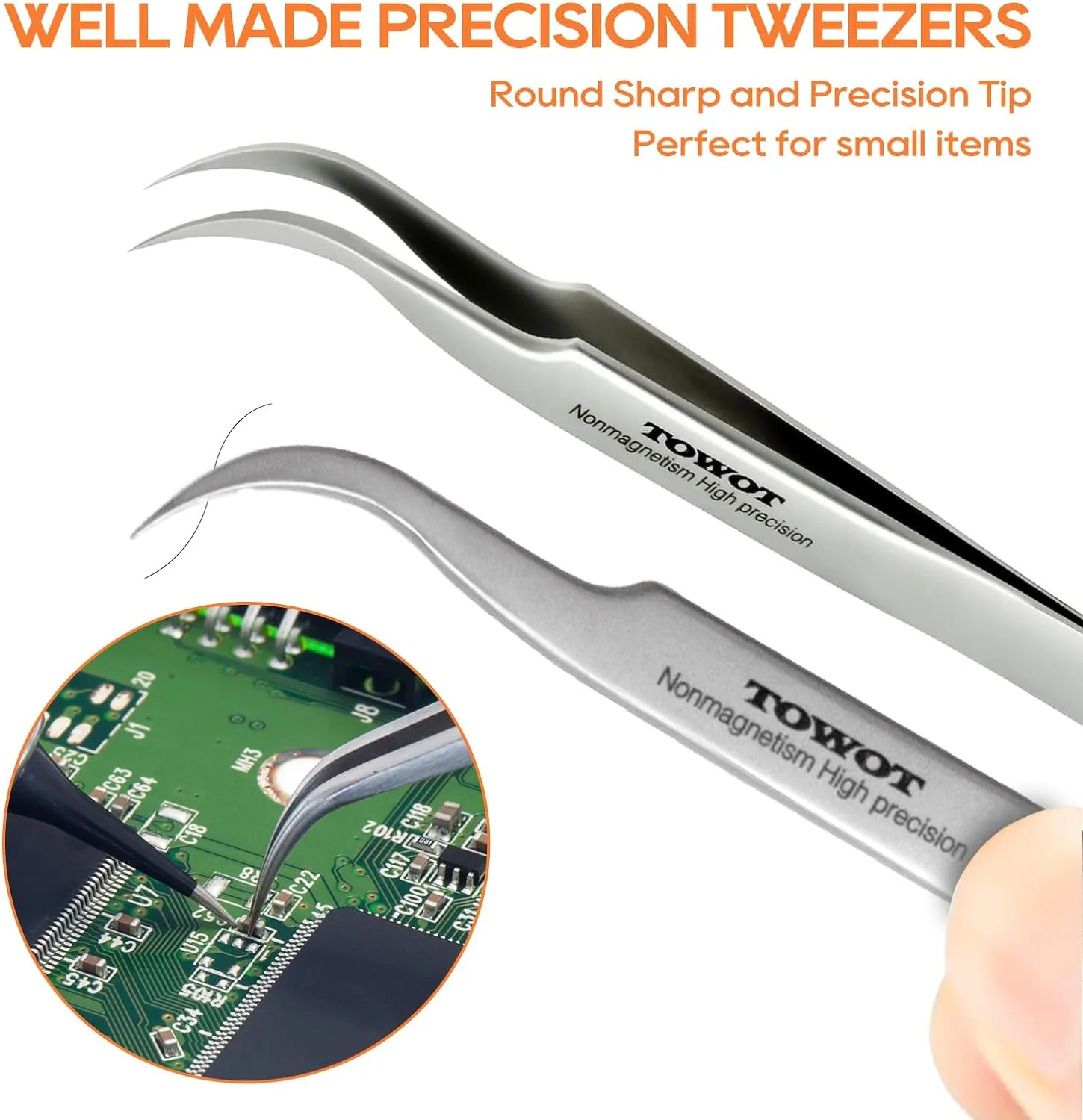 TOWOT Precision Tweezers, 5 PCS Stainless Steel, Non-Magnetic, Heat Resistant, Curved, Jewelry, Electronics, Craft, Soldering, Experimental Work
