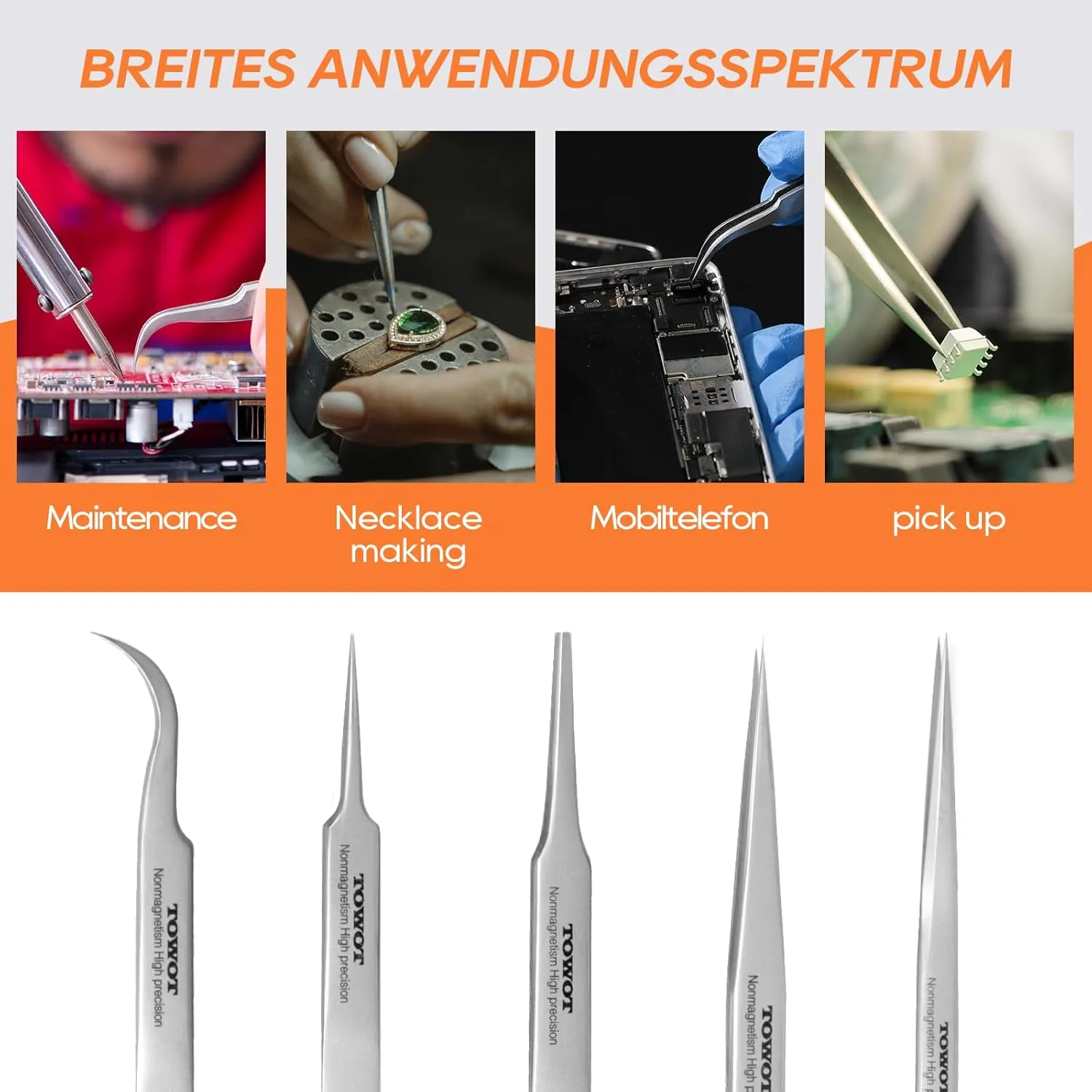 TOWOT Precision Tweezers, 5 PCS Stainless Steel, Non-Magnetic, Heat Resistant, Curved, Jewelry, Electronics, Craft, Soldering, Experimental Work