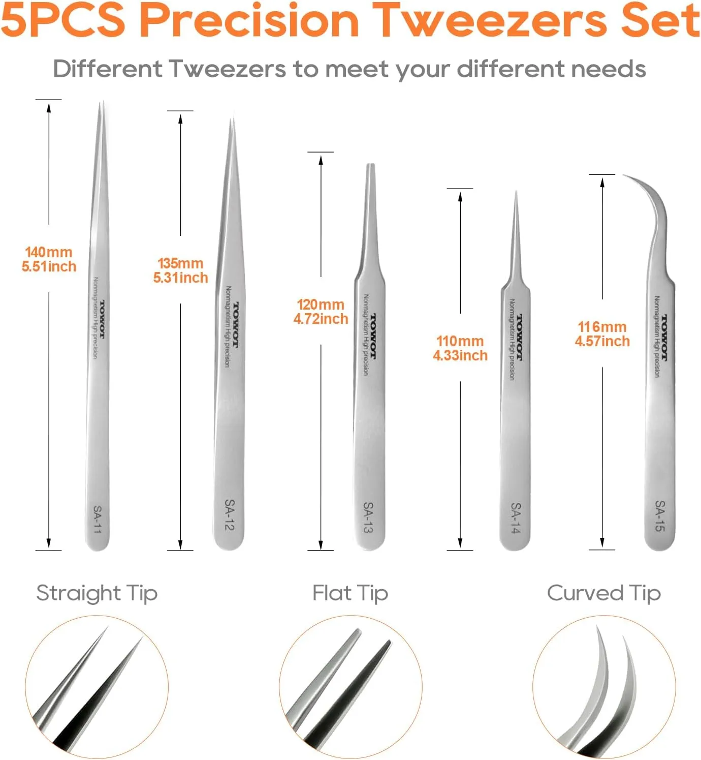 TOWOT Precision Tweezers, 5 PCS Stainless Steel, Non-Magnetic, Heat Resistant, Curved, Jewelry, Electronics, Craft, Soldering, Experimental Work