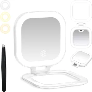 Travel Mirror with Light, 1x/30x Magnifying Mirror with 3 Color Lights and Adjustable Brightness, 4.5x3.9 inch Small Compact Hangable Hand Pocket 3 Way Mirror, Comes with Tweezer
