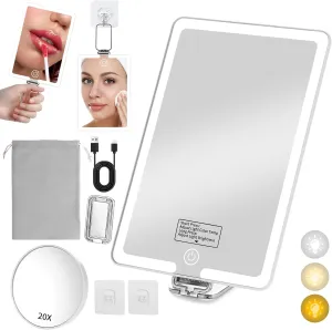 Travel Mirror with Light, Portable Makeup Mirror with Folding Handle, 20x Magnification Mirror&Tweezer Combo kit, Vanity Tabletop/Handheld/Hanging Lighted Mirror with 3 Color Lights, Travel Essentials