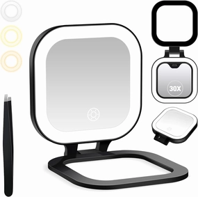 Travel Mirror with Light, 1x/30x Magnifying Mirror with 3 Color Lights and Adjustable Brightness, 4.5x3.9 inch Small Compact Hangable Hand Pocket 3 Way Mirror, Comes with Tweezer