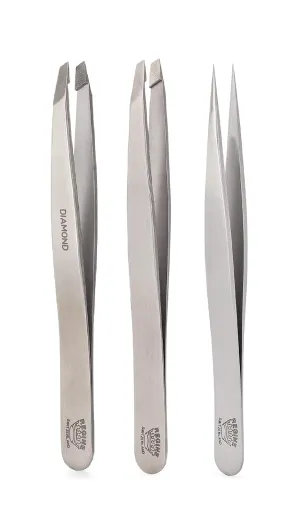 Tweezer Bundle Pack - Slant Tip, Diamond Tip, & Splinter Tweezers - Professional Eyebrow and Facial Hair Remover - Handmade in Switzerland - 3 Pack