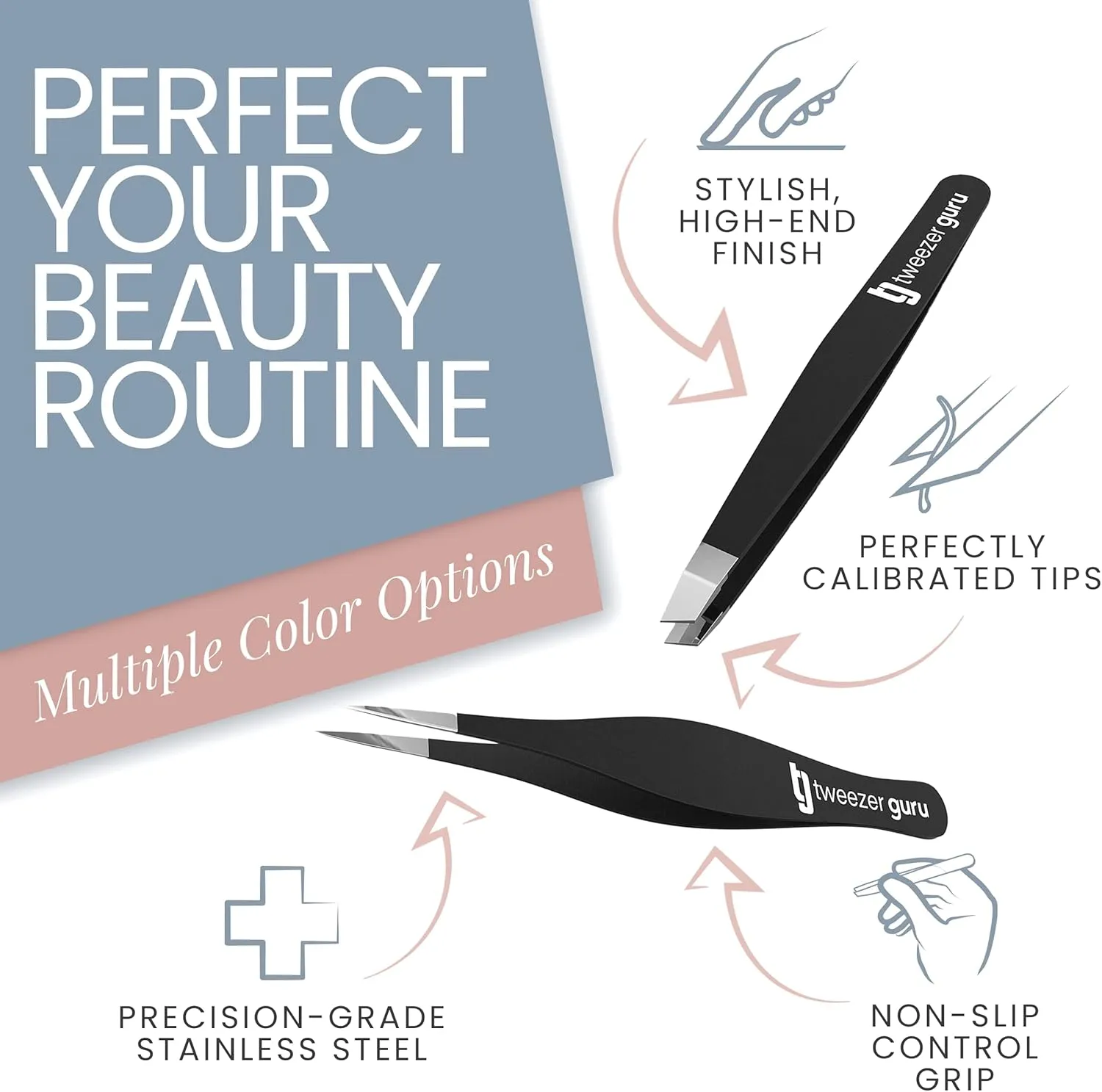 Tweezer Guru Ingrown Hair Tweezers - Pointed Precision Tweezers for Eyebrows & Ingrown Hair Removal - Blackhead and Splinter Tweezer with Sharp Needle Nose Point (2 Piece Set, Black (Point Slant))