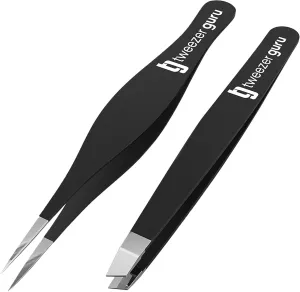 Tweezer Guru Ingrown Hair Tweezers - Pointed Precision Tweezers for Eyebrows & Ingrown Hair Removal - Blackhead and Splinter Tweezer with Sharp Needle Nose Point (2 Piece Set, Black (Point Slant))
