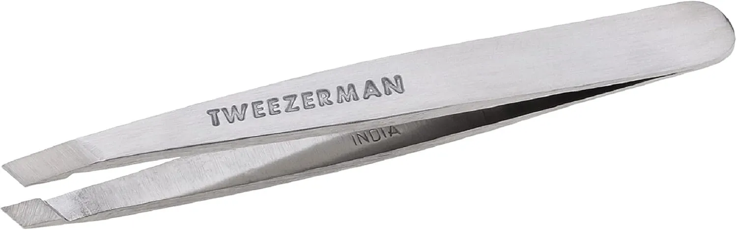 Tweezerman Mini Slant Tweezer - Tweezers for Eyebrows, Travel Tweezers for Eyebrows, Facial Hair, Ingrown Hair (Classic Stainless)
