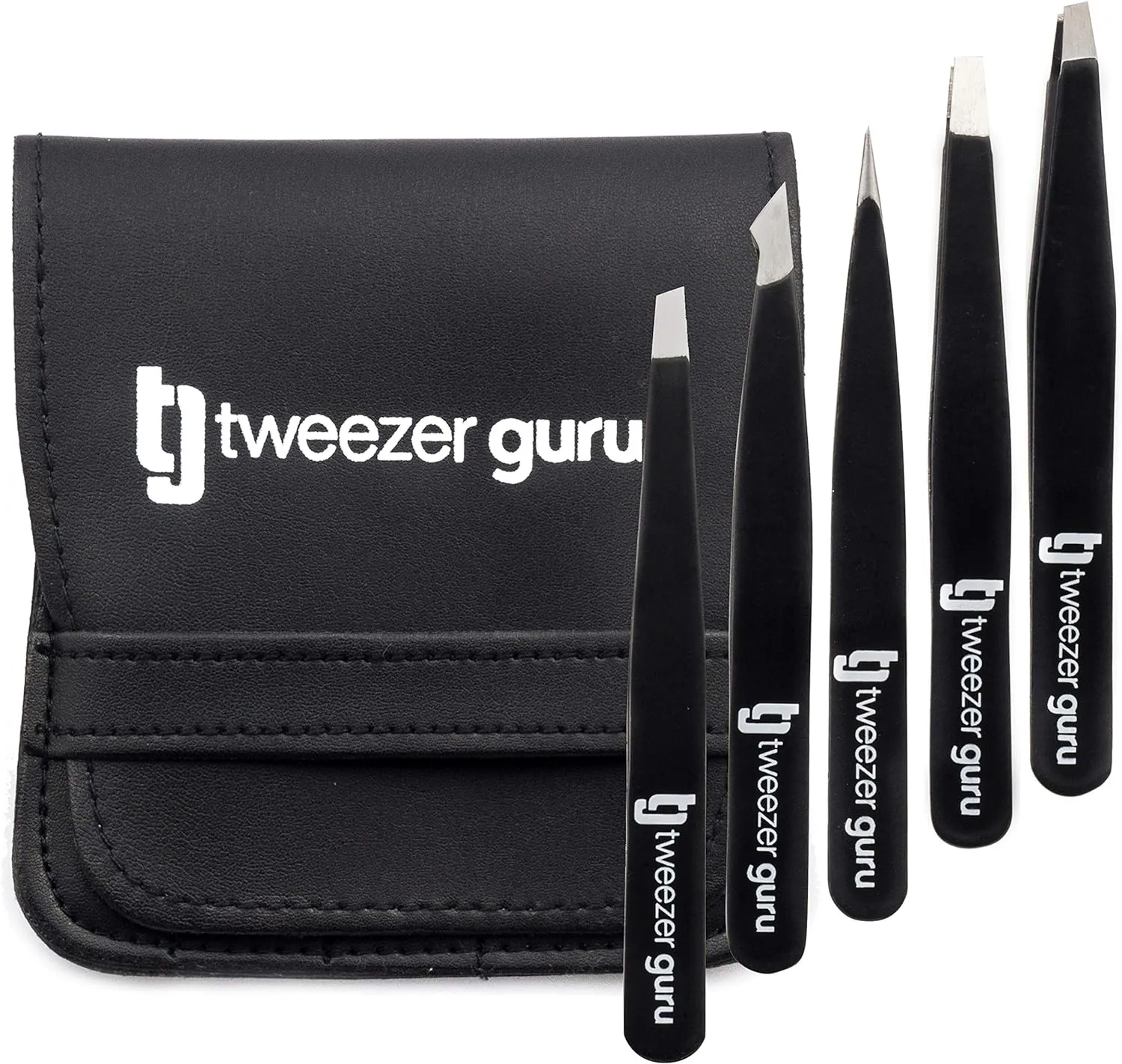 Tweezers Set 5-piece - Tweezer Guru Stainless Steel Slant Tip and Pointed Eyebrow Tweezer Set - Great Precision for Facial Hair, Ingrown Hair, Splinter and Blackhead Remover (Black) (5-Pack)
