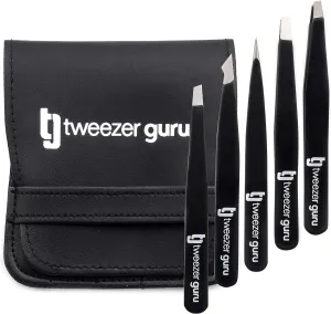 Tweezers Set 5-piece - Tweezer Guru Stainless Steel Slant Tip and Pointed Eyebrow Tweezer Set - Great Precision for Facial Hair, Ingrown Hair, Splinter and Blackhead Remover (Black) (5-Pack)