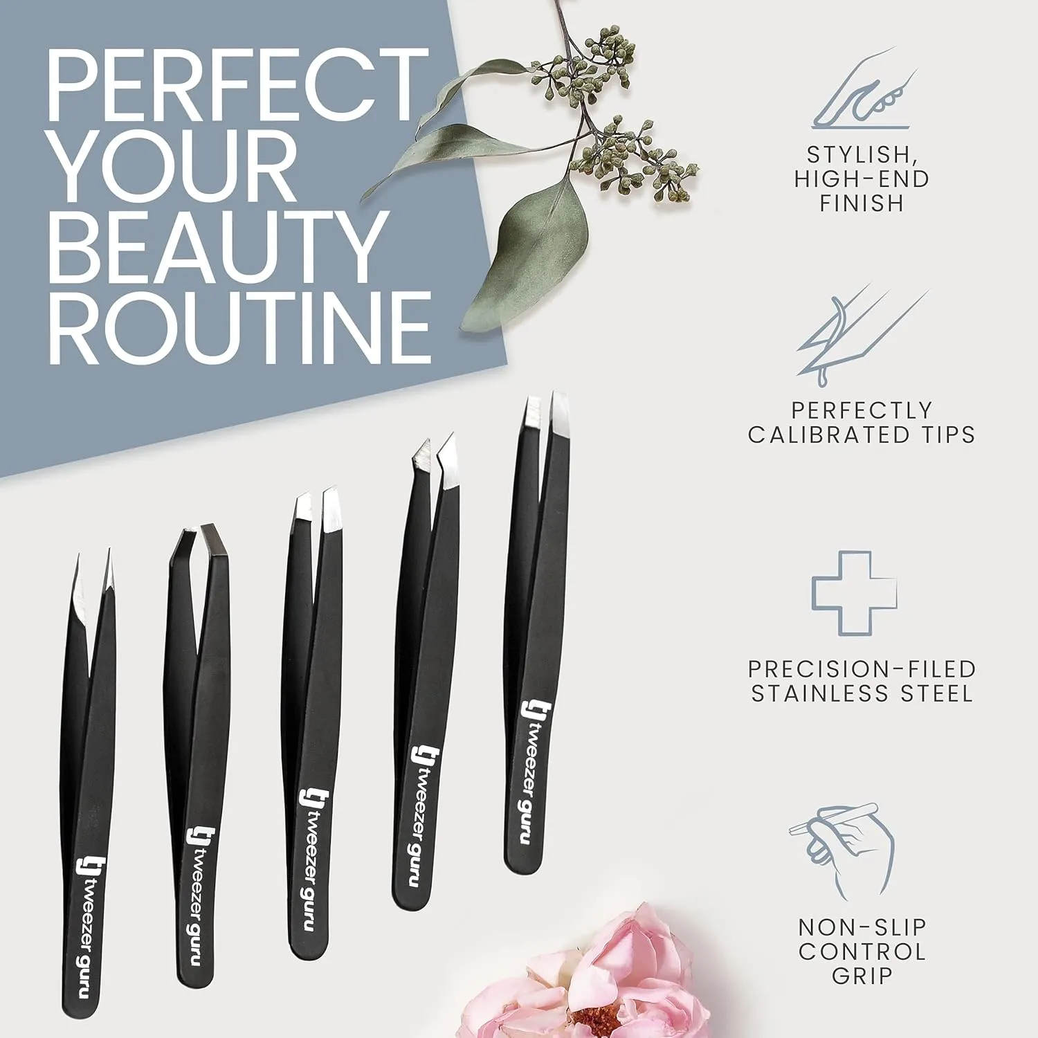 Tweezers Set 5-piece - Tweezer Guru Stainless Steel Slant Tip and Pointed Eyebrow Tweezer Set - Great Precision for Facial Hair, Ingrown Hair, Splinter and Blackhead Remover (Black) (5-Pack)