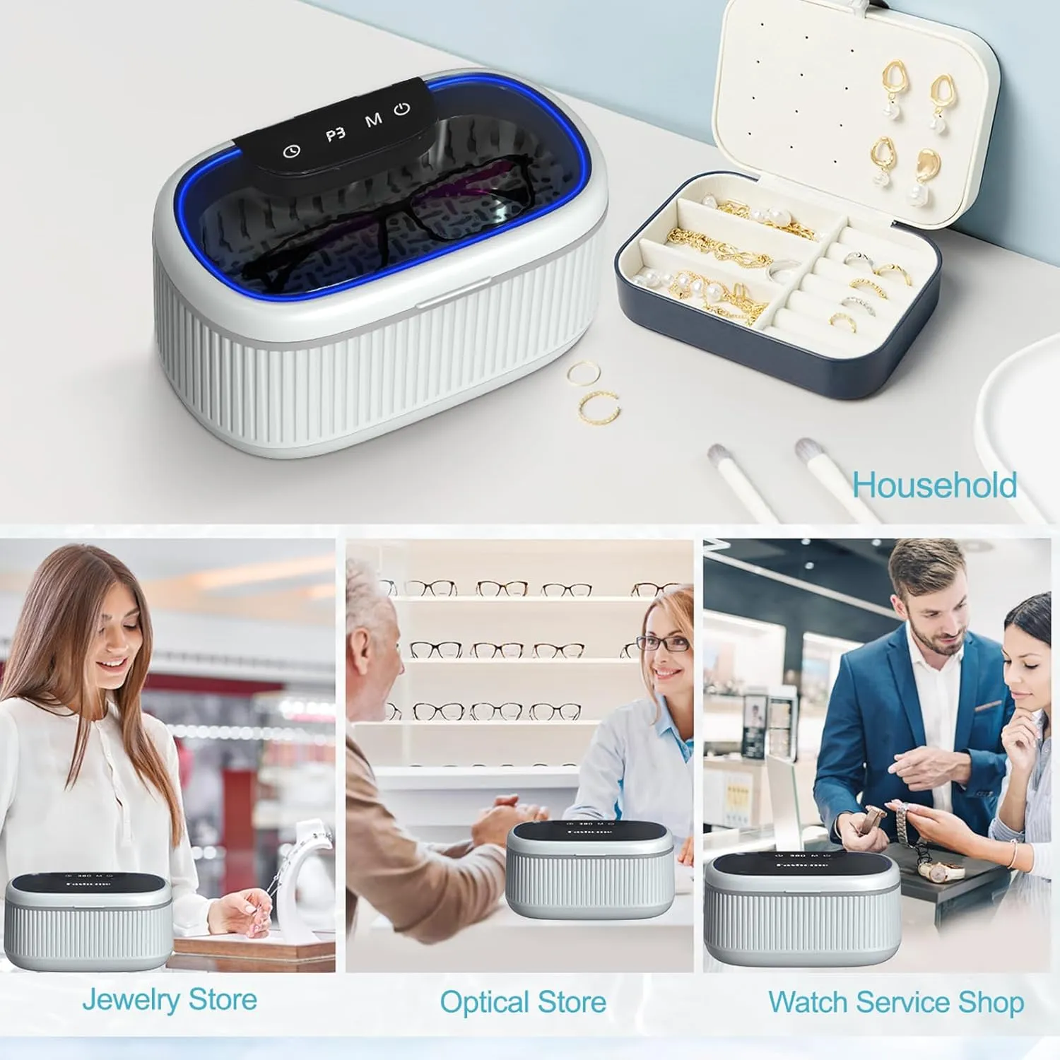 Ultrasonic Jewelry Cleaner, Professional Digital Ultrasonic Cleaner Adjustable Power with Lights & Timers, 550ML Sonic Cleaner with Basket Watch Stand for Rings, Retainers, Eyeglasses, Dentures, Coins