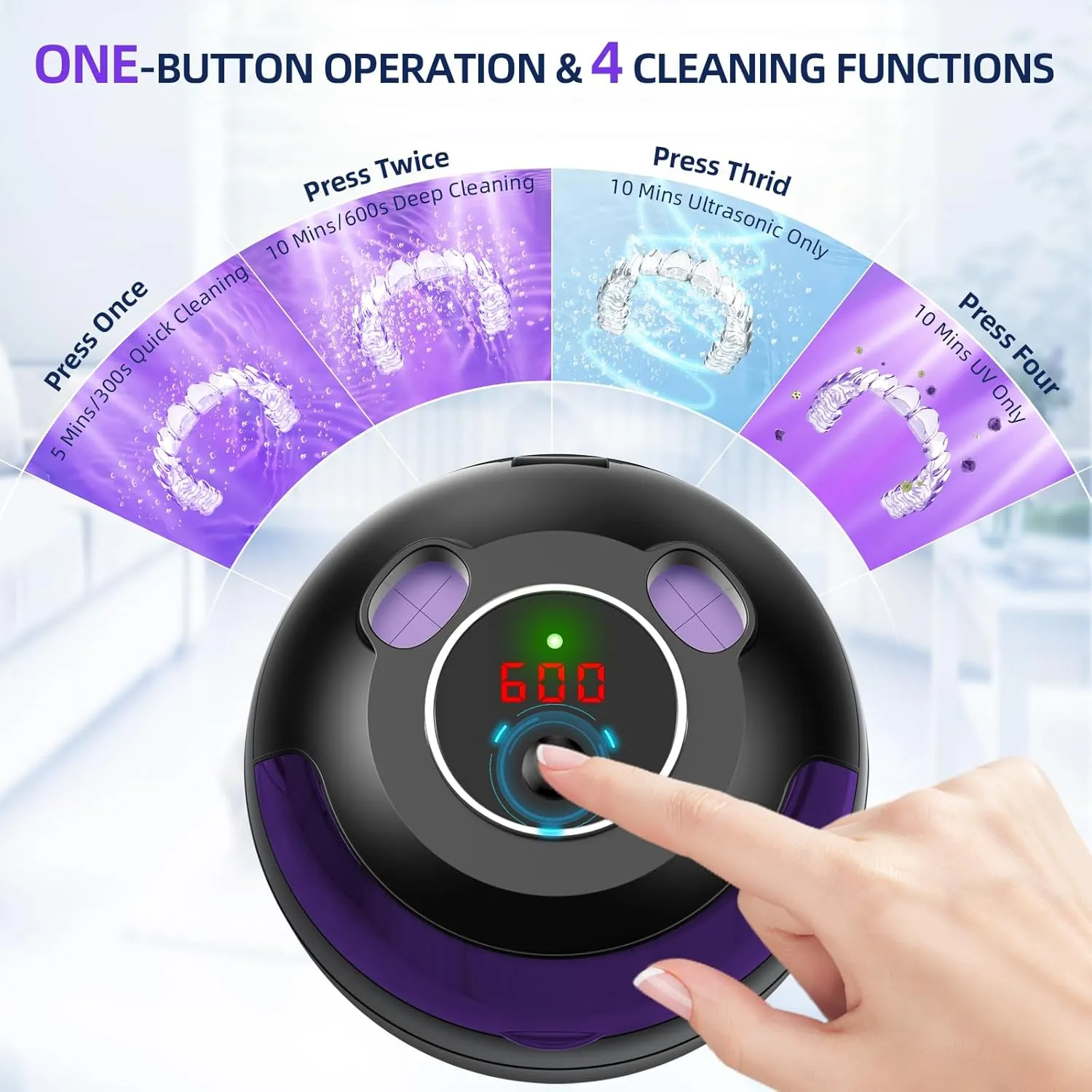 Ultrasonic Retainer Cleaner, Retainer Cleaner for Dentures, Mouth Guards, Braces, Toothbrush Heads, Jewelry with UV-C Cleaner, 45kHz Ultrasonic, 4 Mode Ultrasonic Cleaner Machine (Black)