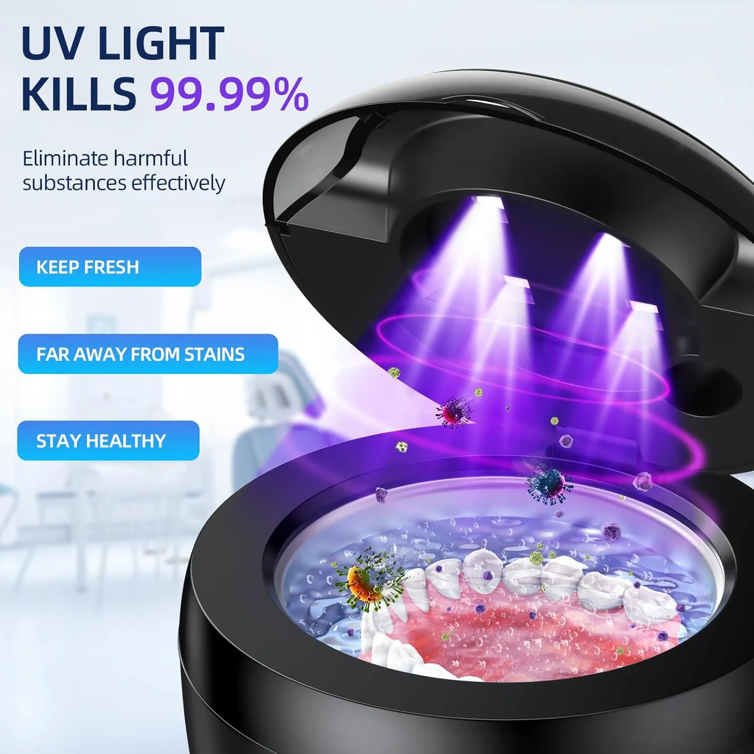 Ultrasonic Retainer Cleaner, Retainer Cleaner for Dentures, Mouth Guards, Braces, Toothbrush Heads, Jewelry with UV-C Cleaner, 45kHz Ultrasonic, 4 Mode Ultrasonic Cleaner Machine (Black)