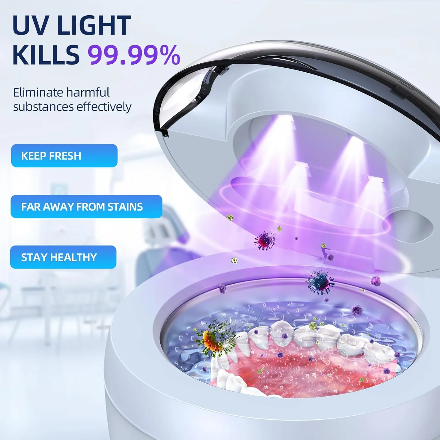 Ultrasonic Retainer Cleaner, Retainer Cleaner for Dentures, Mouth Guards, Braces, Toothbrush Heads, Jewelry with UV-C Cleaner, 45kHz Ultrasonic, 4 Mode Ultrasonic Cleaner Machine (Light Blue)