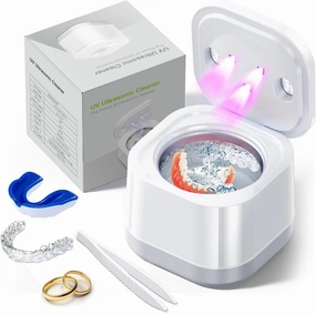Ultrasonic U-V Retainer Cleaner Machine, 45kHz Ultrasonic Cleaner for Dentures, Retainer, Mouth Guard, Aligner, Toothbrush Head, 200ML Ultrasonic Cleaning Machine for All Dental Appliances