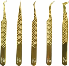 UM Supplies Eyelash Extension Tweezers pack of 5 | Professional Japanese Stainless Steel Tools | Straight | Curved | Angled | Tip 45 Degree | 90 Degree Volume Tweezers Precision Degree l Golden