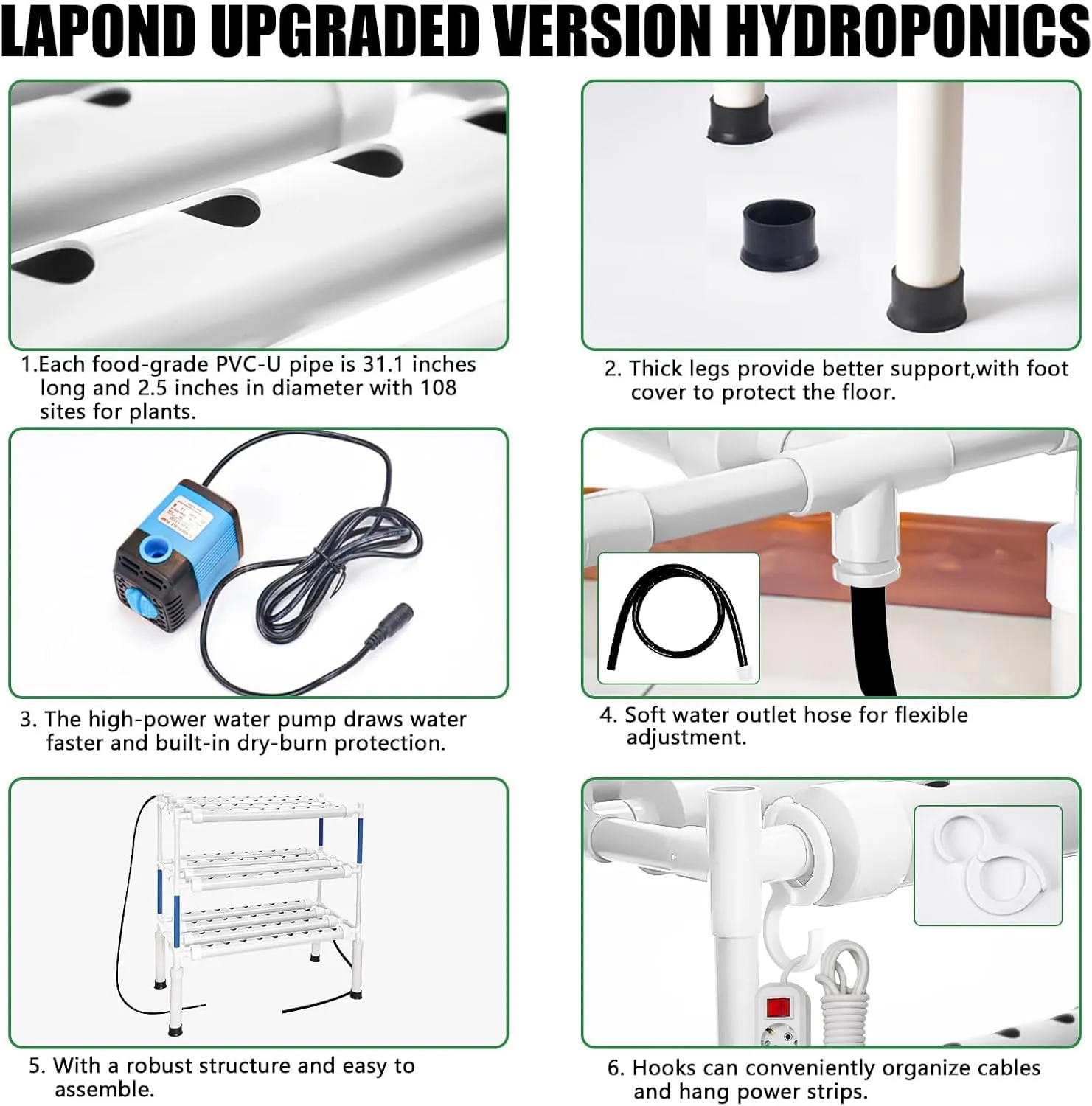 Upgraded Hydroponics Growing System Kit,108 Plant Sites 3 Layers Food-Grade PVC-U Pipes Hydroponic Grow Kit Gardening System for Vegetables,Flowers,Fruits,Herbs