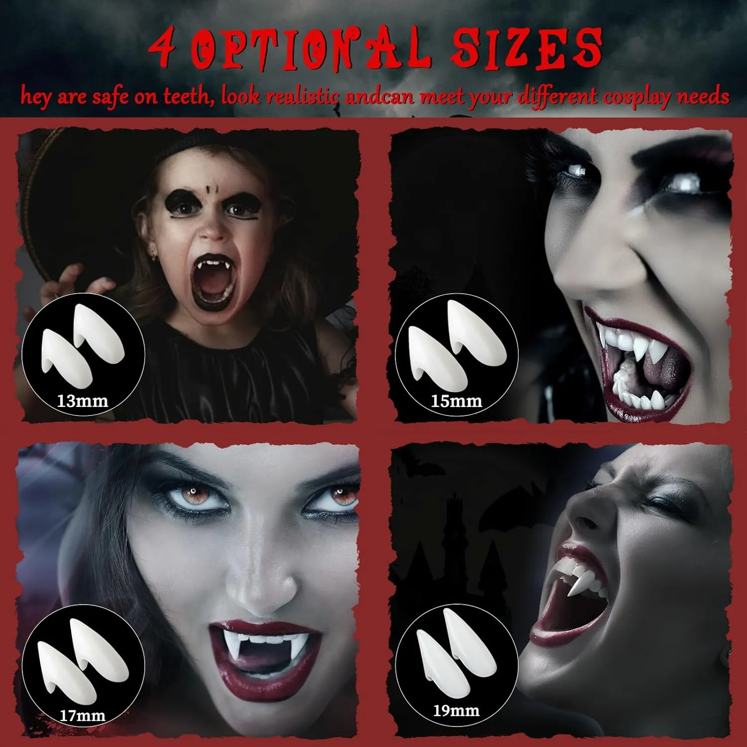 Vampire Teeth Fangs 8 Pairs 4 Sizes with Adhesive, Vampire Fang Fake Teeth Halloween Decorations Party Cosplay Props Werewolf Fang Vampire Dentures Party Favors Masquerade Accessories