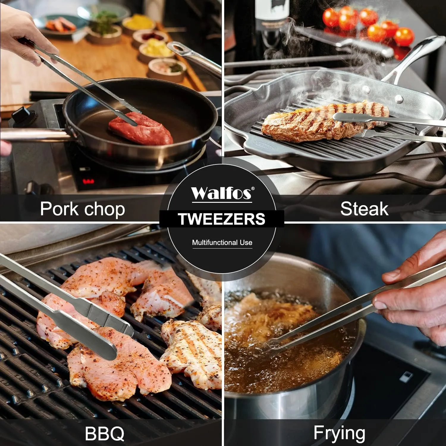 WALFOS Tweezer Tongs for Cooking, Kitchen Tweezers Stainless Steel Pasta Tweezers Tongs for Cooking, Roasting, Grabbing Small Objects, Dessert, BBQ, Spaghetti 3 Pcs (8 10 12-Inch)