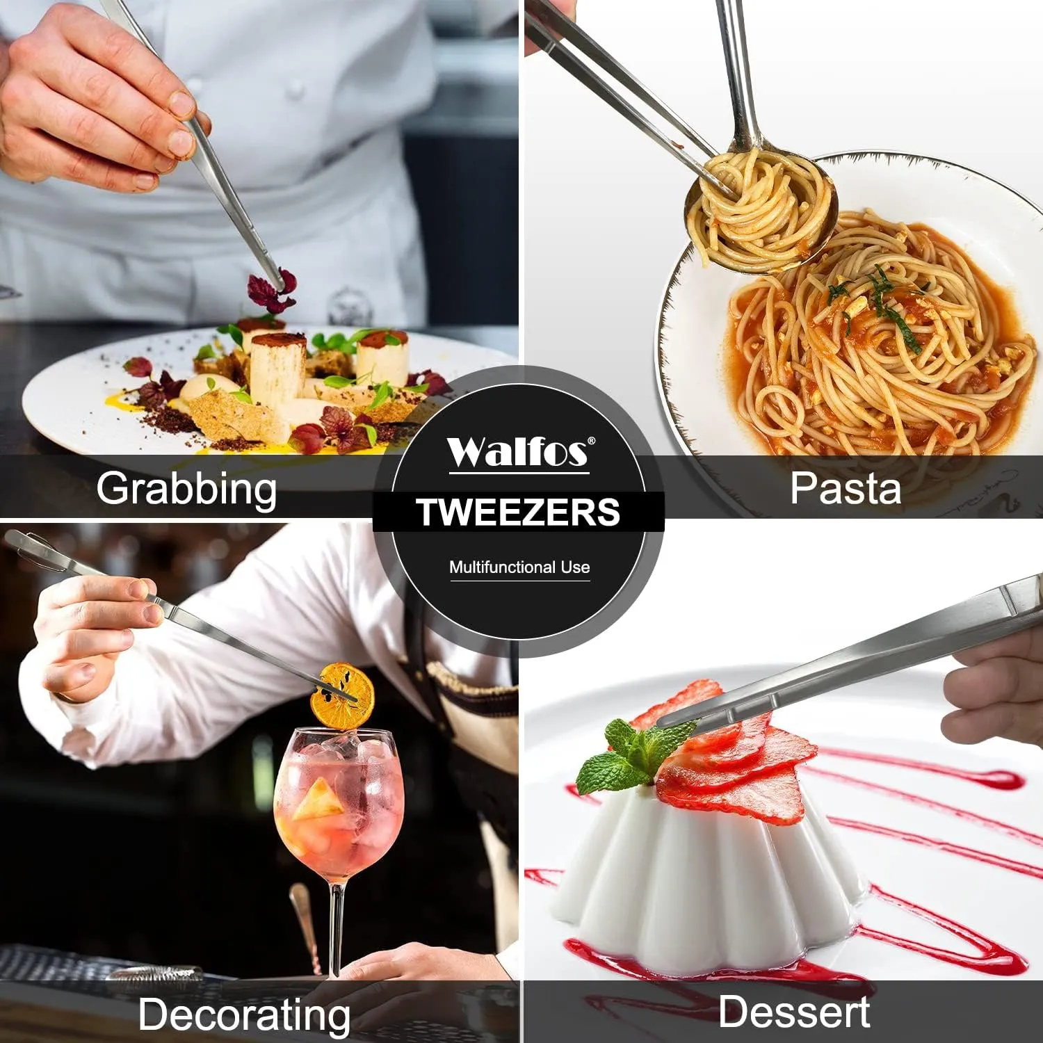 WALFOS Tweezer Tongs for Cooking, Kitchen Tweezers Stainless Steel Pasta Tweezers Tongs for Cooking, Roasting, Grabbing Small Objects, Dessert, BBQ, Spaghetti 3 Pcs (8 10 12-Inch)
