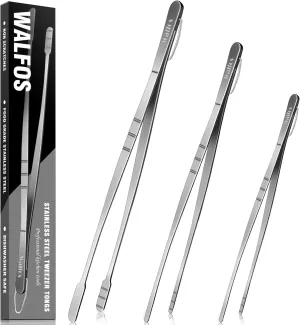 WALFOS Tweezer Tongs for Cooking, Kitchen Tweezers Stainless Steel Pasta Tweezers Tongs for Cooking, Roasting, Grabbing Small Objects, Dessert, BBQ, Spaghetti 3 Pcs (8 10 12-Inch)