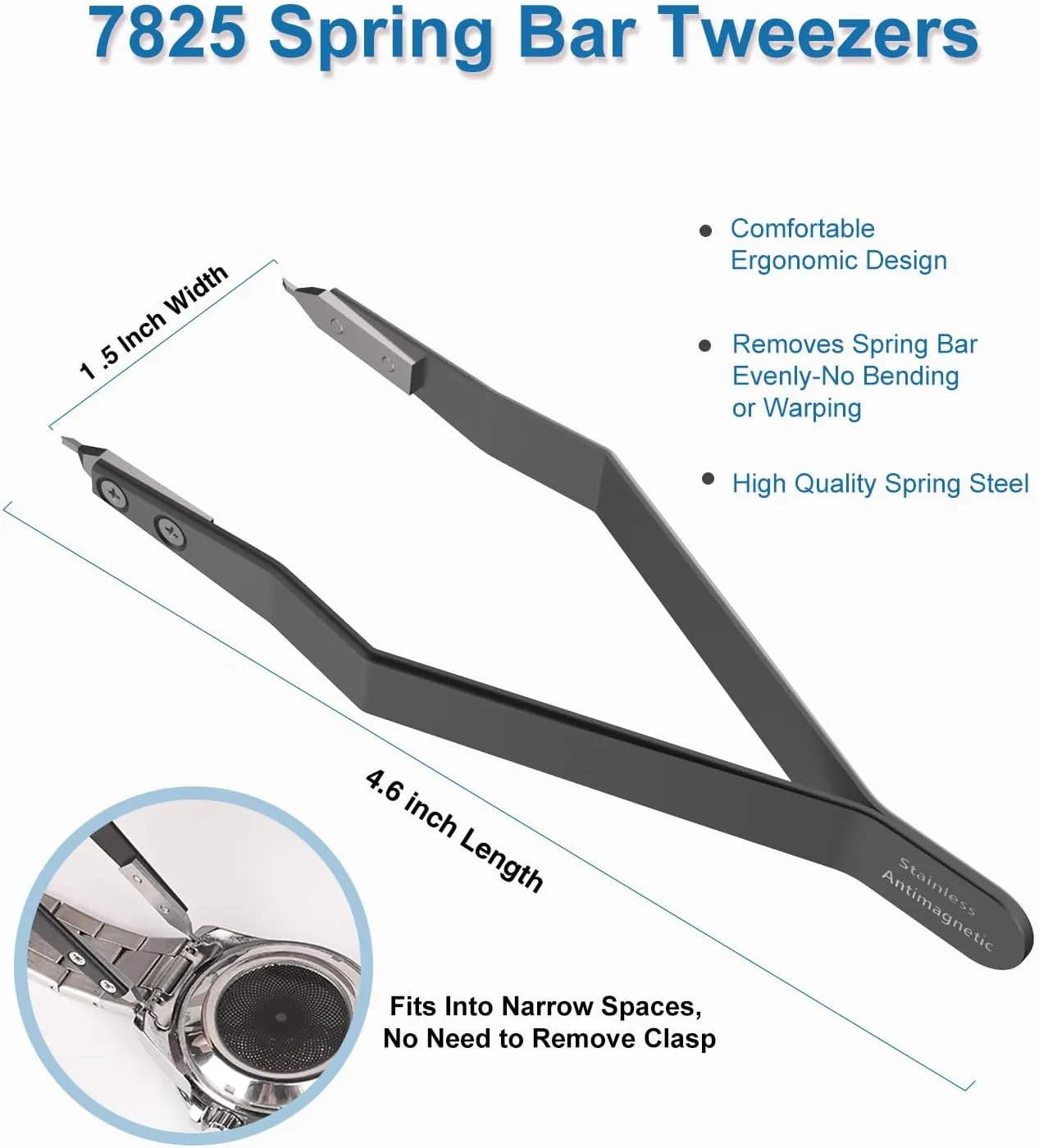 Watch Spring Bar Tool, 7825 Spring Bar Tweezers Lug Removal Fitting Tool (Silver)