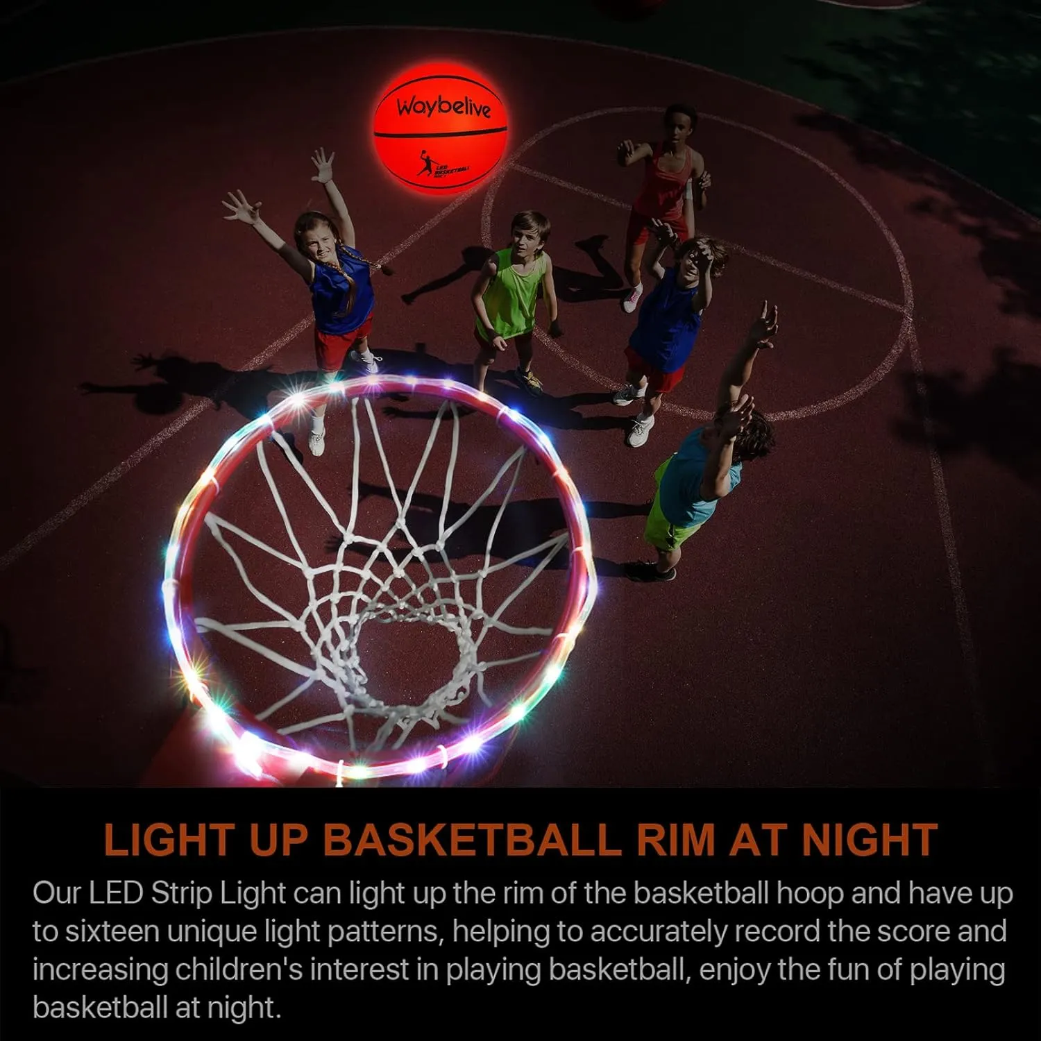 Waybelive LED Light Up Basketball, Size 7-Inch, Indoor or Outdoor With 2 LED Lights, Pre-Installed Batteries, Waterproof, Super Bright for Night Play, Good Gift for Kids