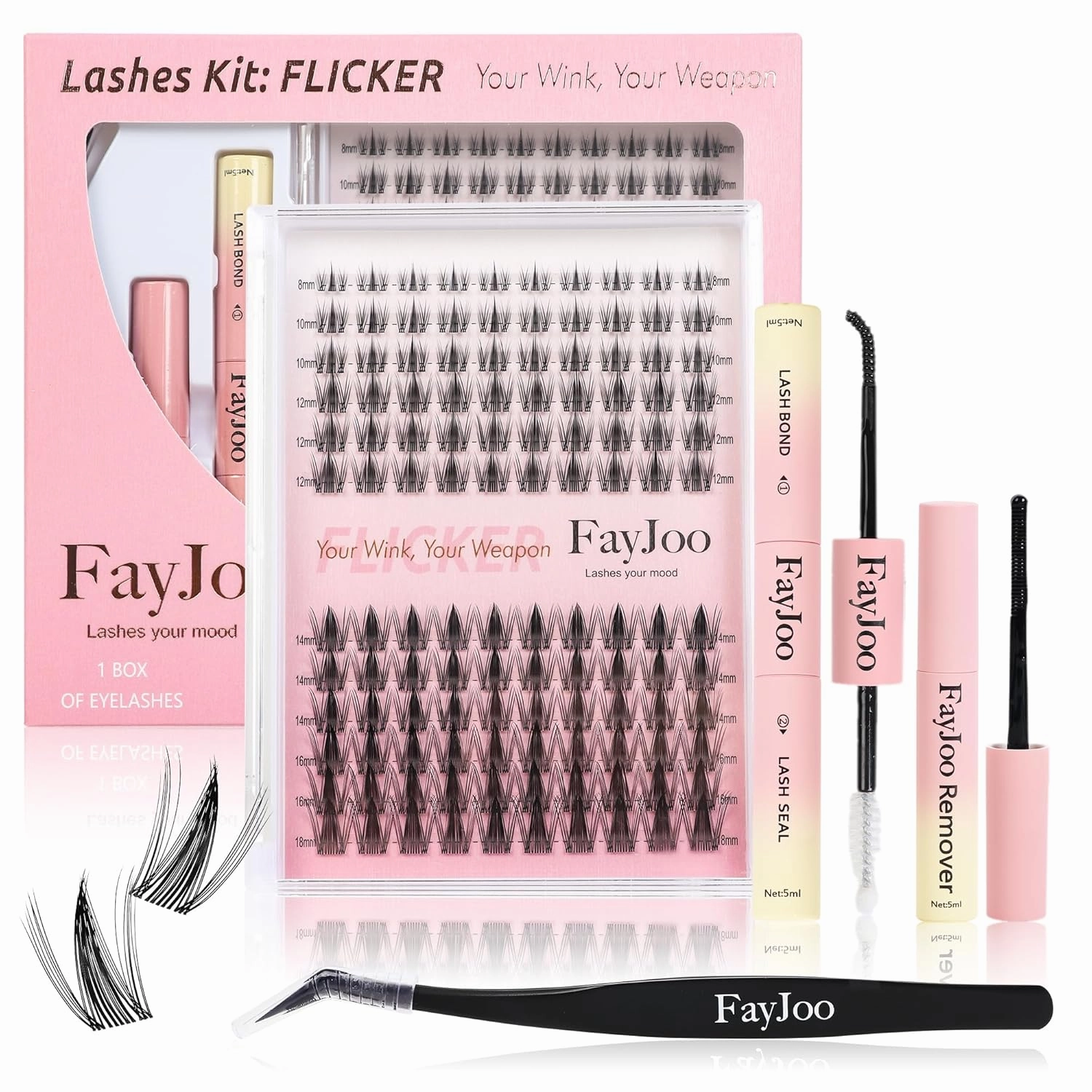 Wispy Spiky Soft Lash Clusters Kit, C Curl 8-18mm, Thin Fiber with 0.05mm Invisible Band, DIY Salon Eyelash Extension Kit with Bond Seal Remover Tweezers, Lightweight, Natural Glam, FLICKER 11 Kit
